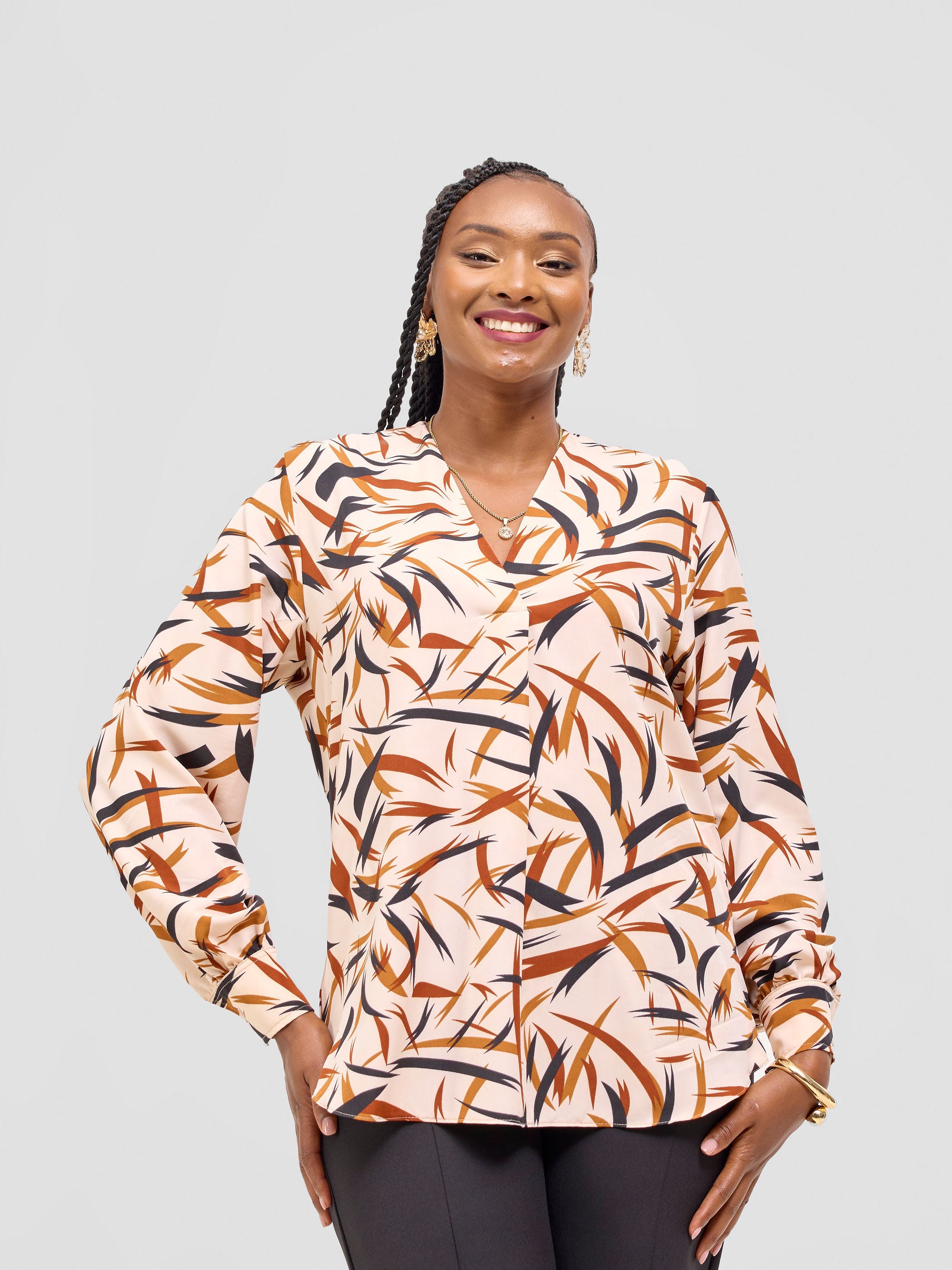 Vivo Ajani V-Neck Top - Cream / Rust Print