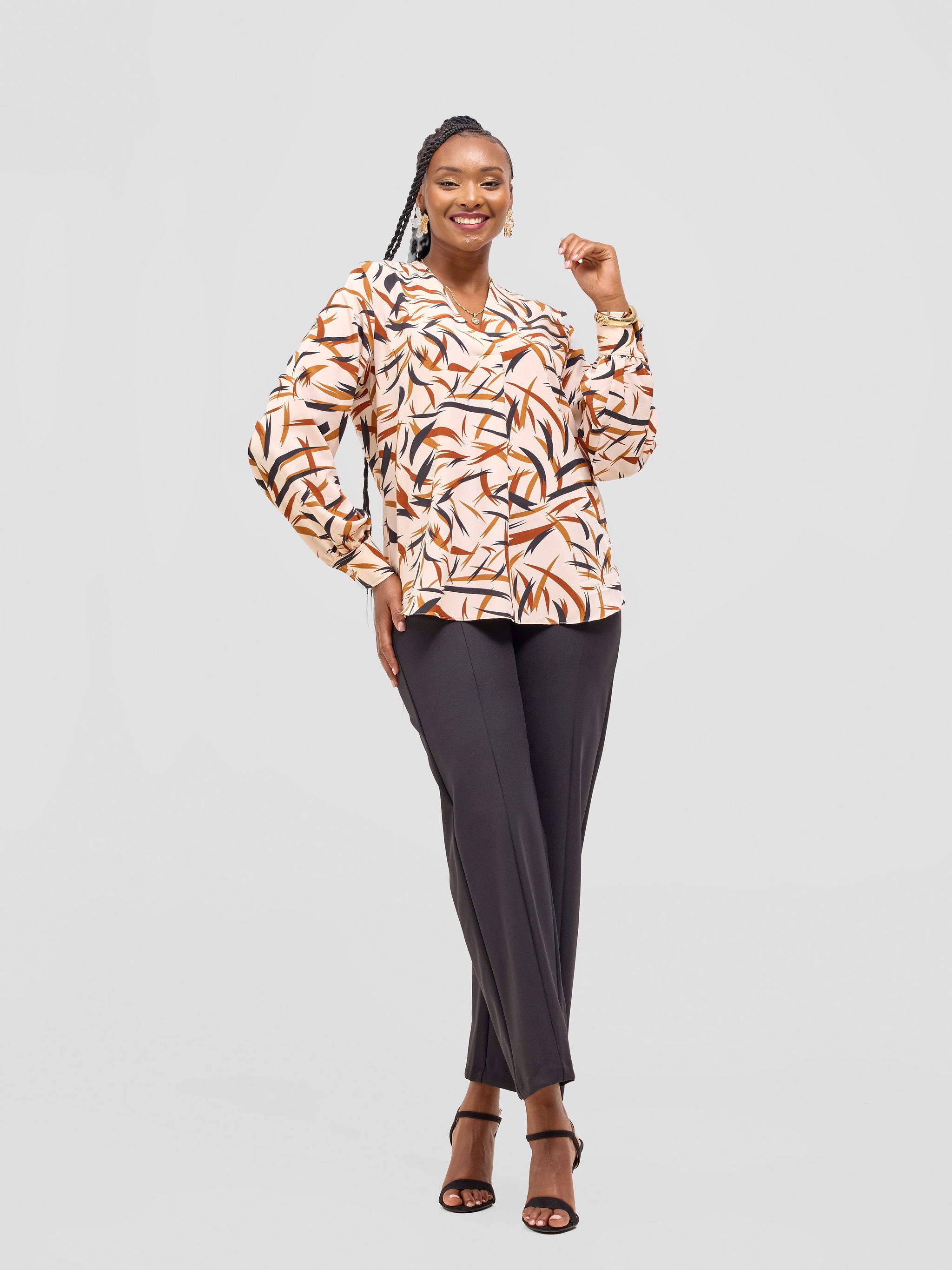 Vivo Ajani V-Neck Top - Cream / Rust Print