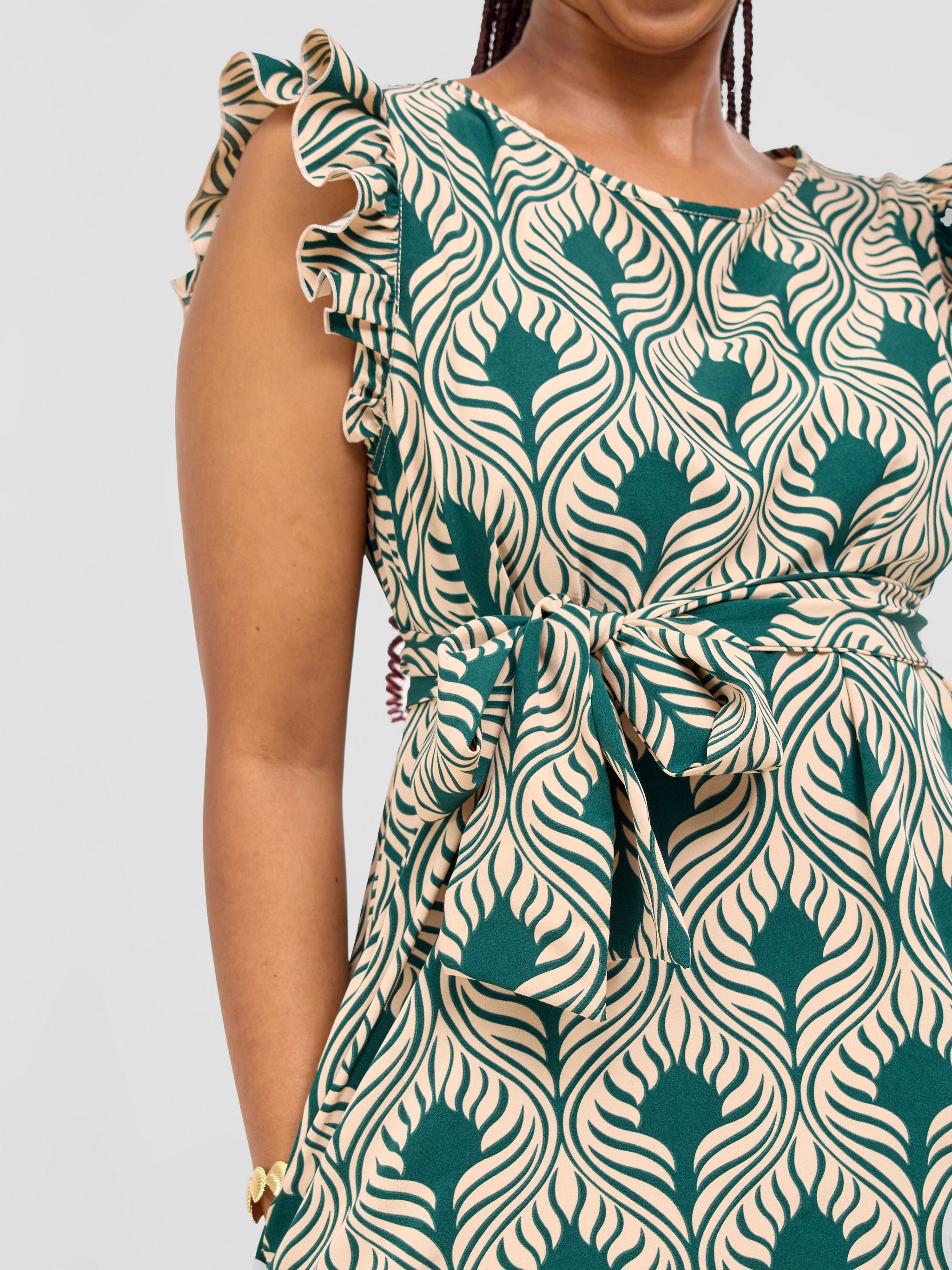 Vivo Nasinka A-line Knee Length Dress - Cream / Green Sika Print