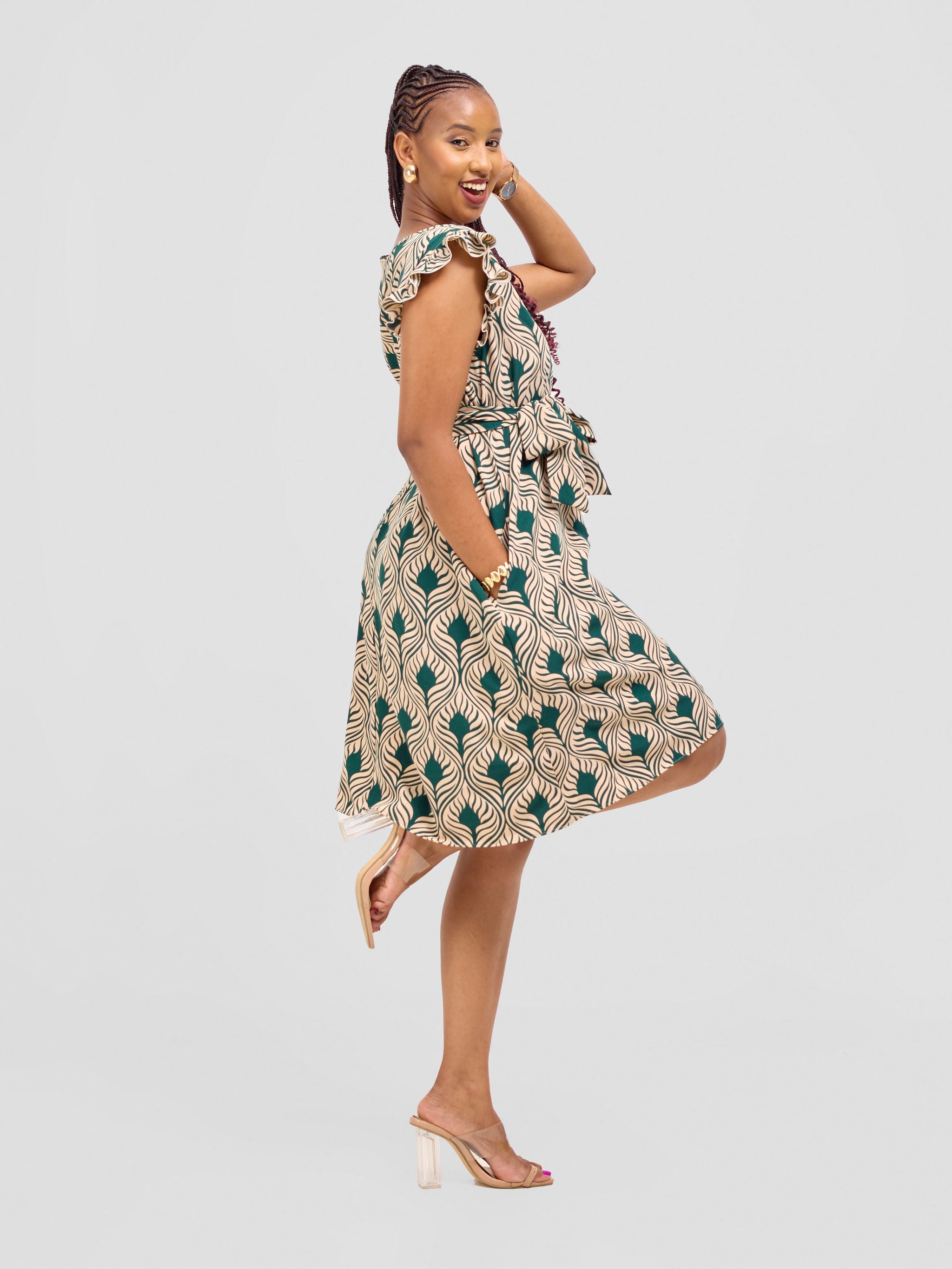 Vivo Nasinka A-line Knee Length Dress - Cream / Green Sika Print