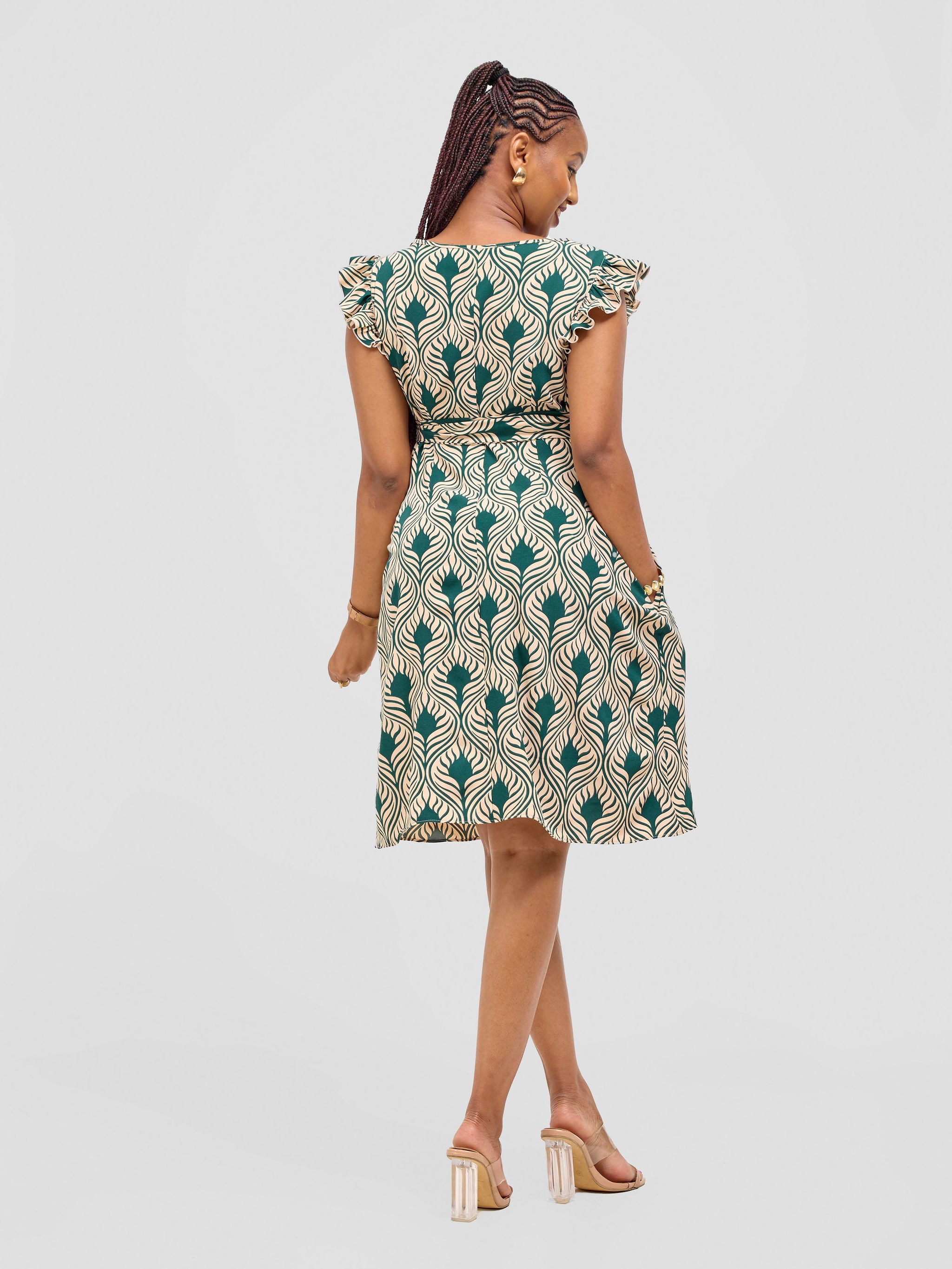 Vivo Nasinka A-line Knee Length Dress - Cream / Green Sika Print