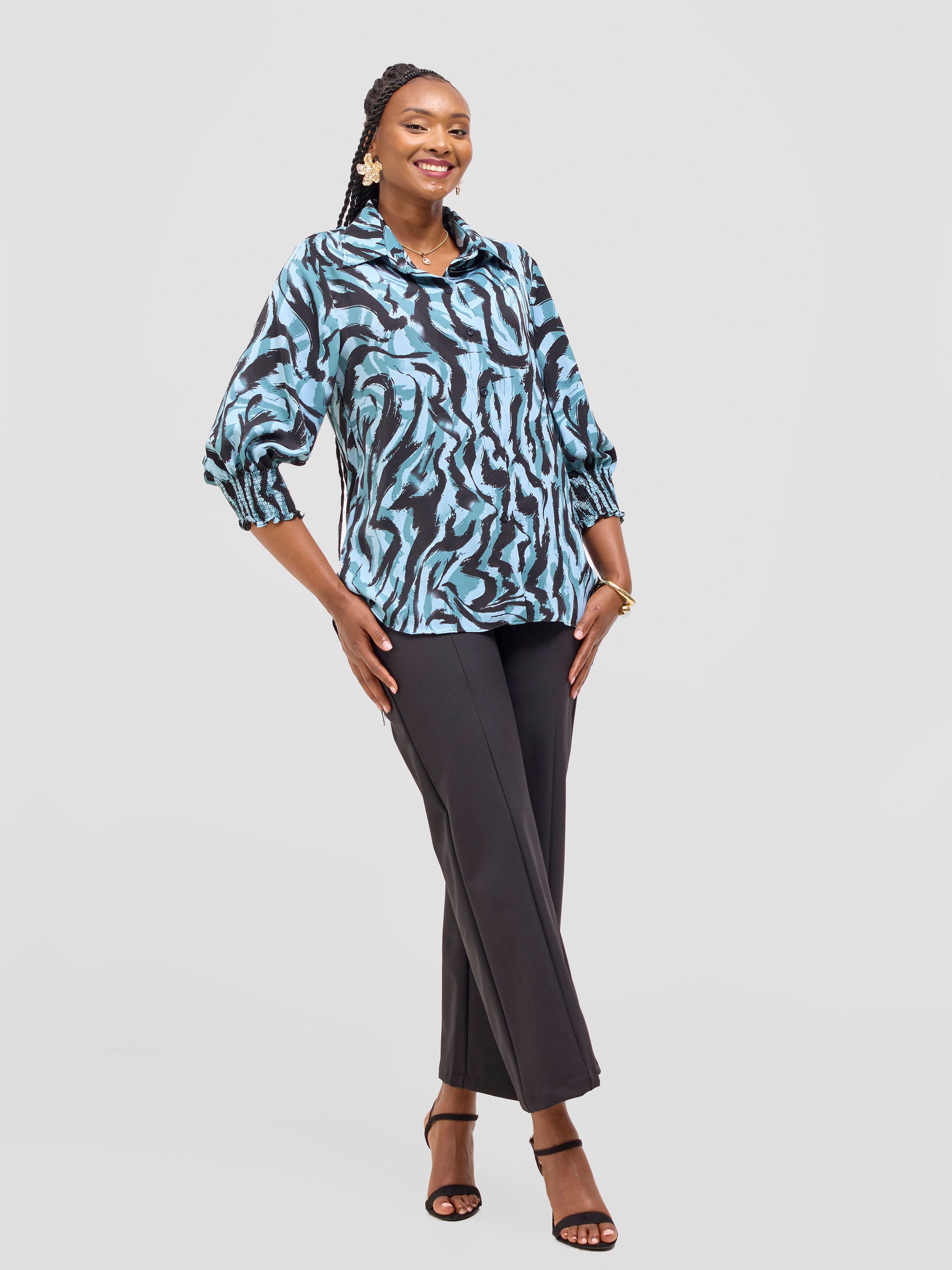 Vivo Fahari 3/4 Sleeve Shirred Shirt - Mint / Black Print