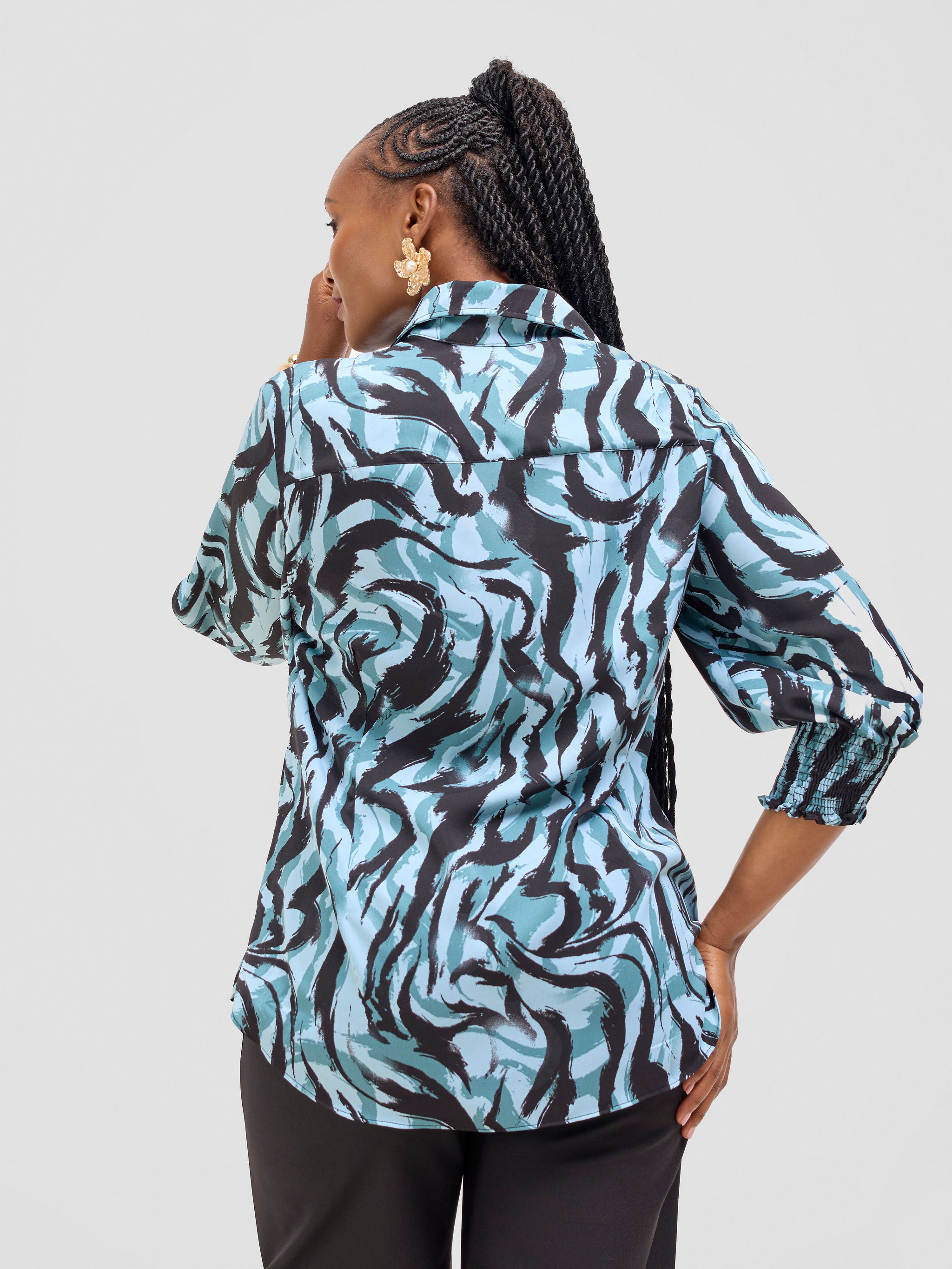 Vivo Fahari 3/4 Sleeve Shirred Shirt - Mint / Black Print