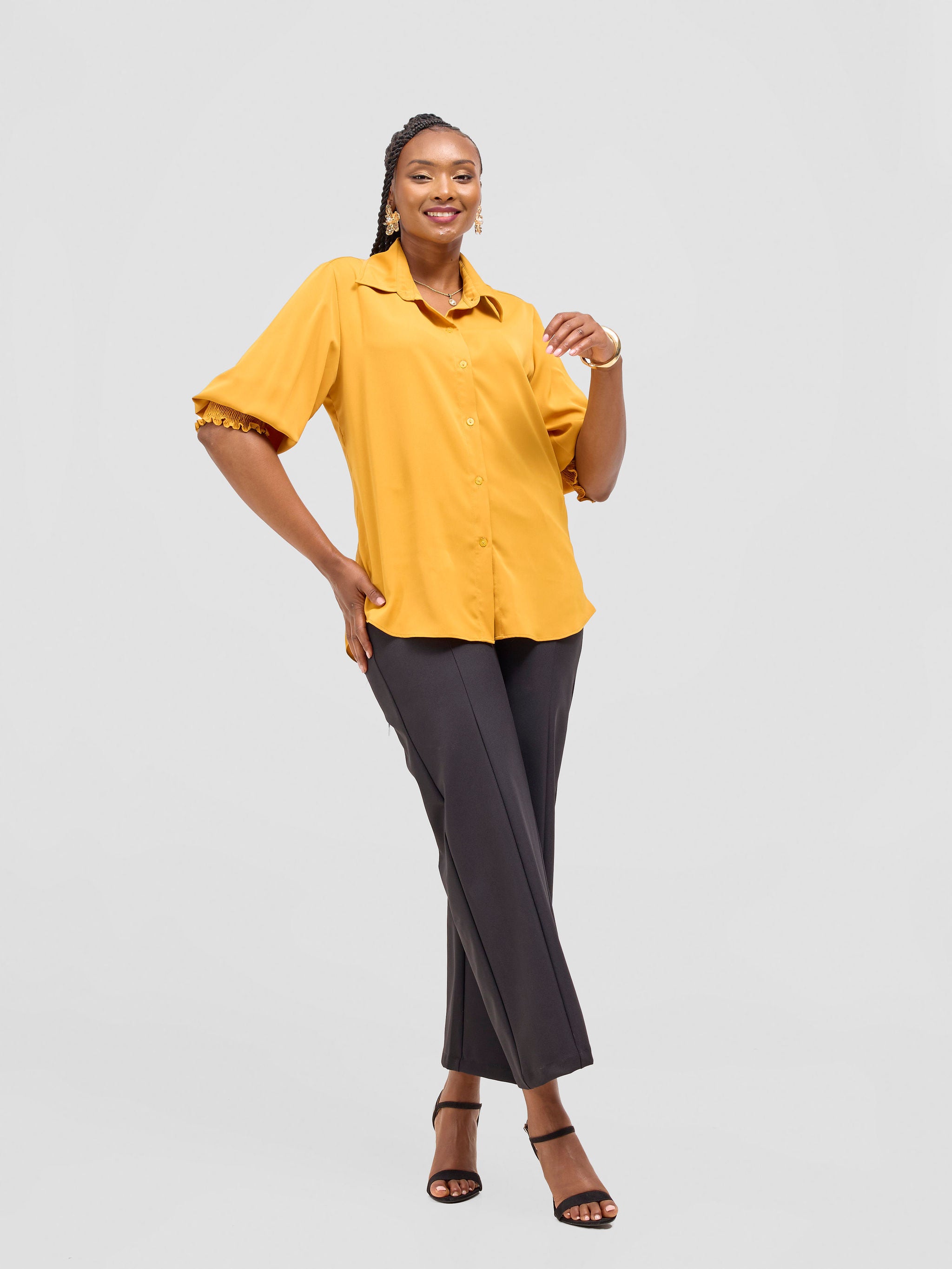 Vivo Fahari 3/4 Sleeve Shirred Shirt - Dark Mustard