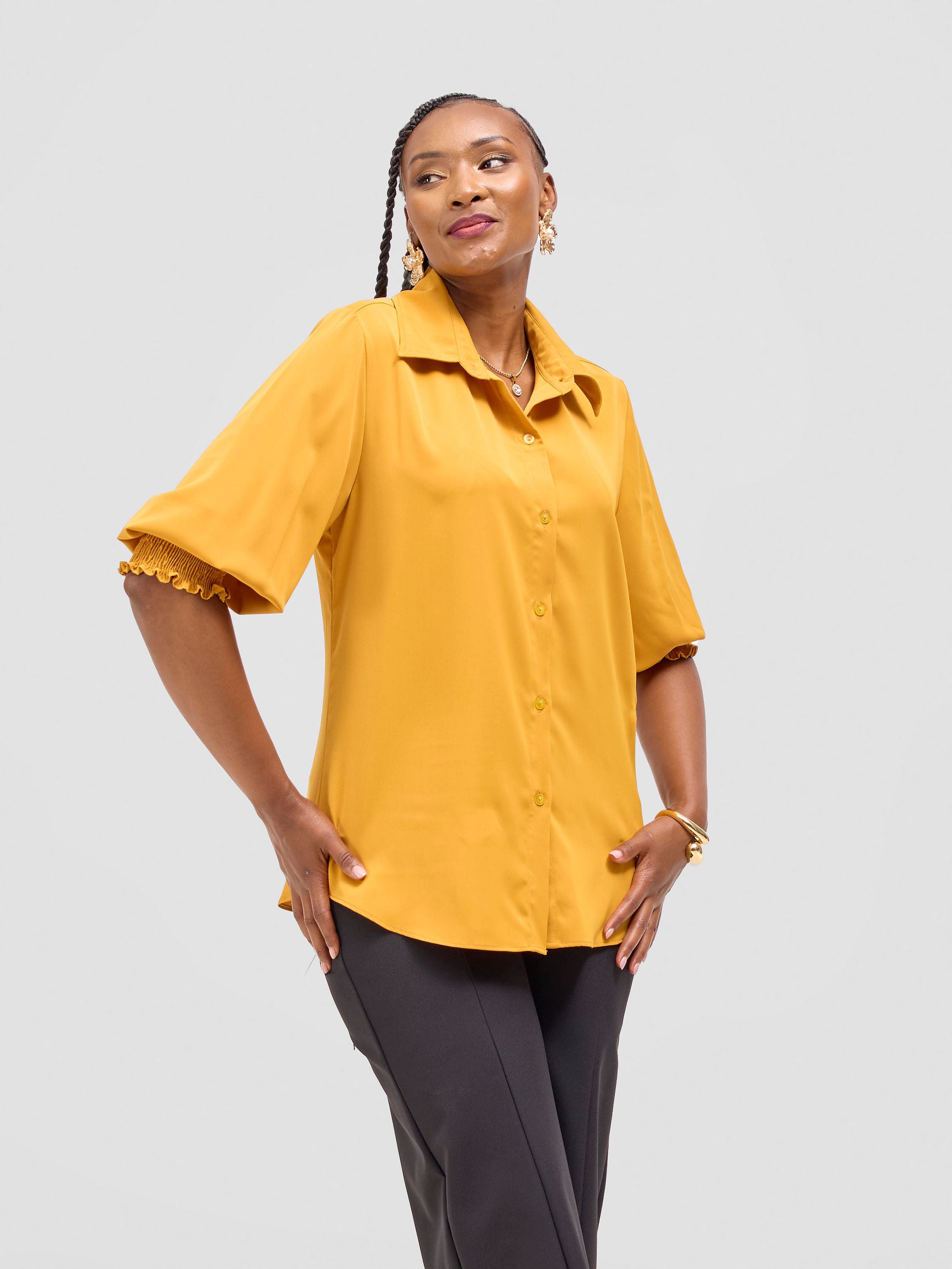 Vivo Fahari 3/4 Sleeve Shirred Shirt - Dark Mustard