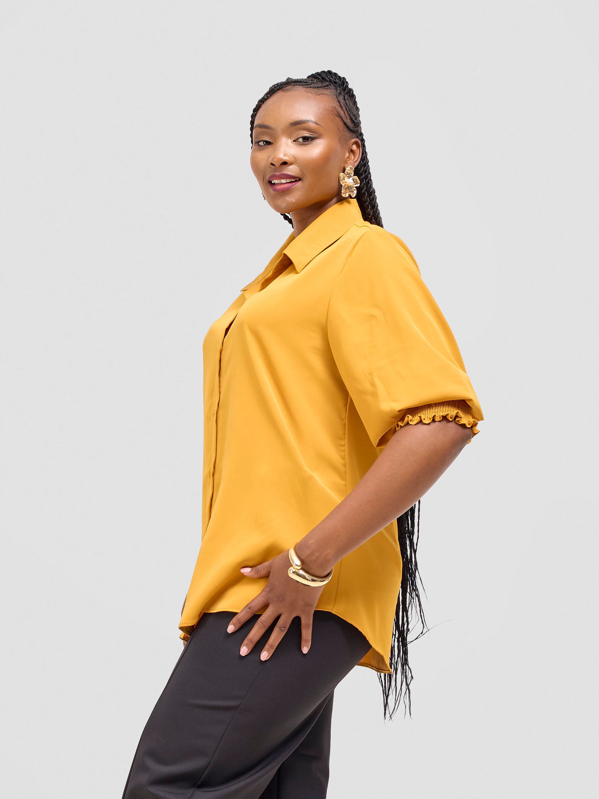 Vivo Fahari 3/4 Sleeve Shirred Shirt - Dark Mustard