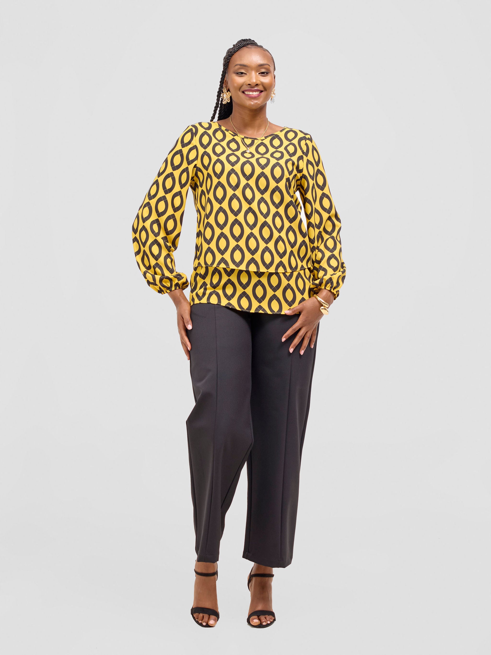 Vivo Jasiri Bishop Sleeve Layered Top - Mustard / Black Dala Print