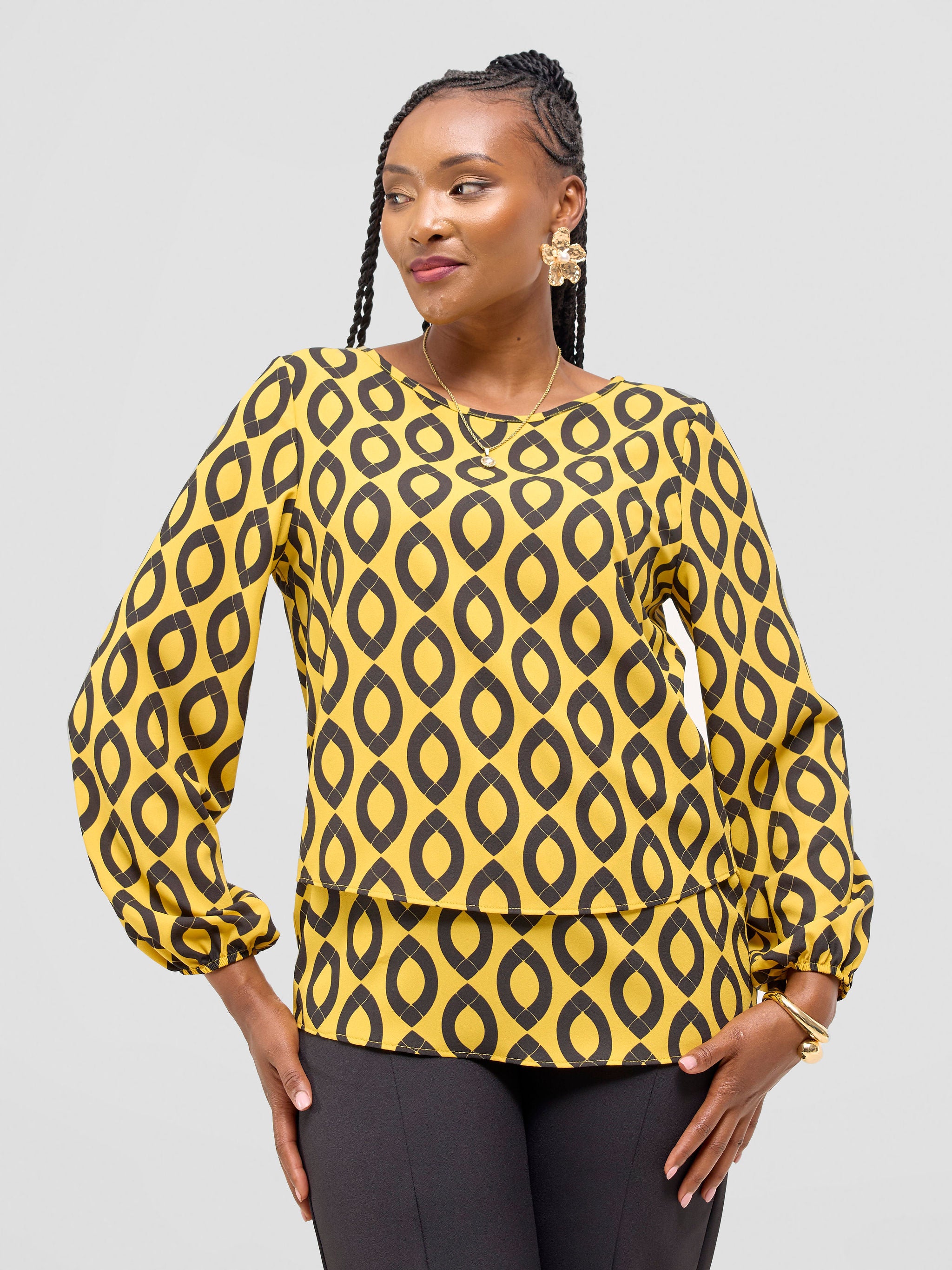 Vivo Jasiri Bishop Sleeve Layered Top - Mustard / Black Dala Print