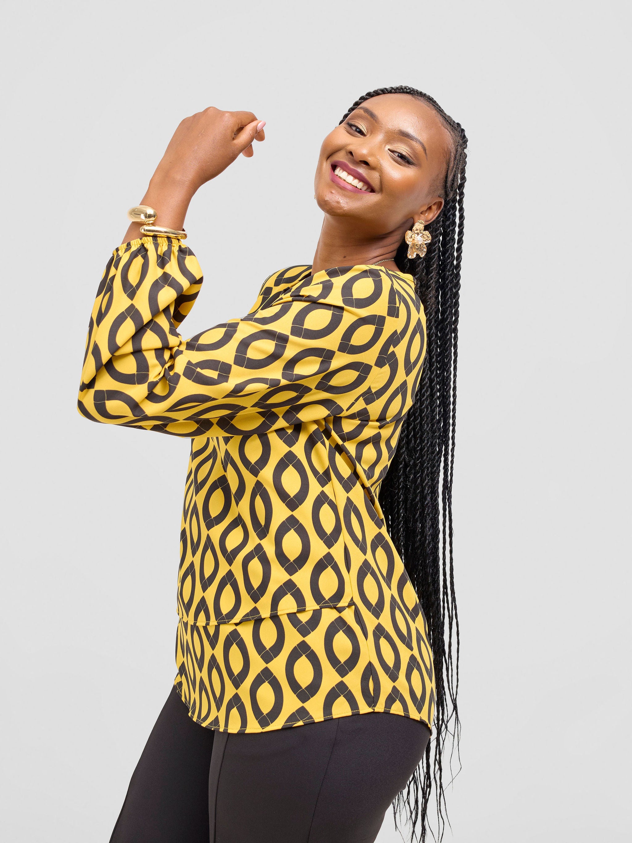 Vivo Jasiri Bishop Sleeve Layered Top - Mustard / Black Dala Print