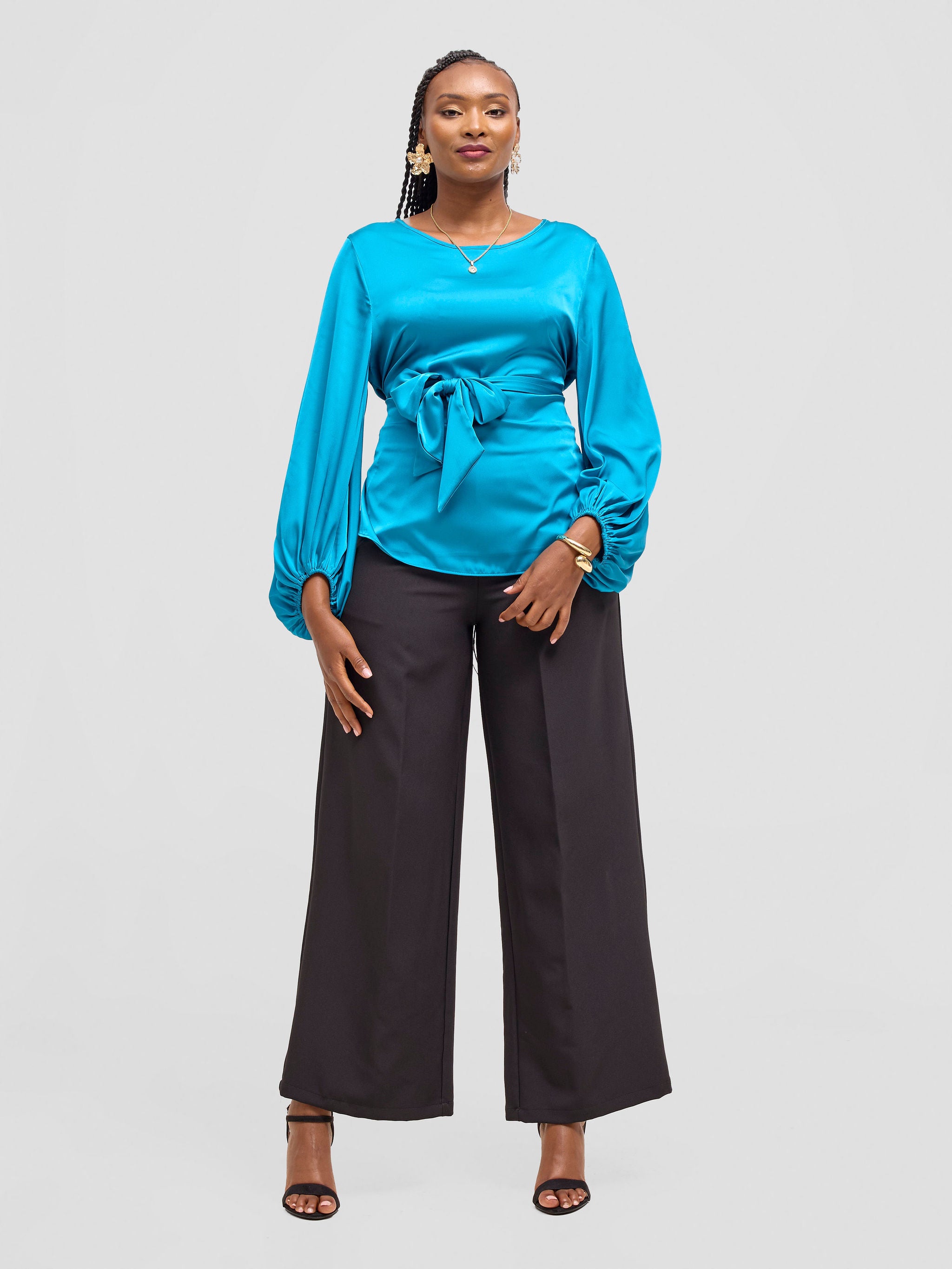 Vivo Basic Izzy Satin Bishop Sleeve Top - Teal