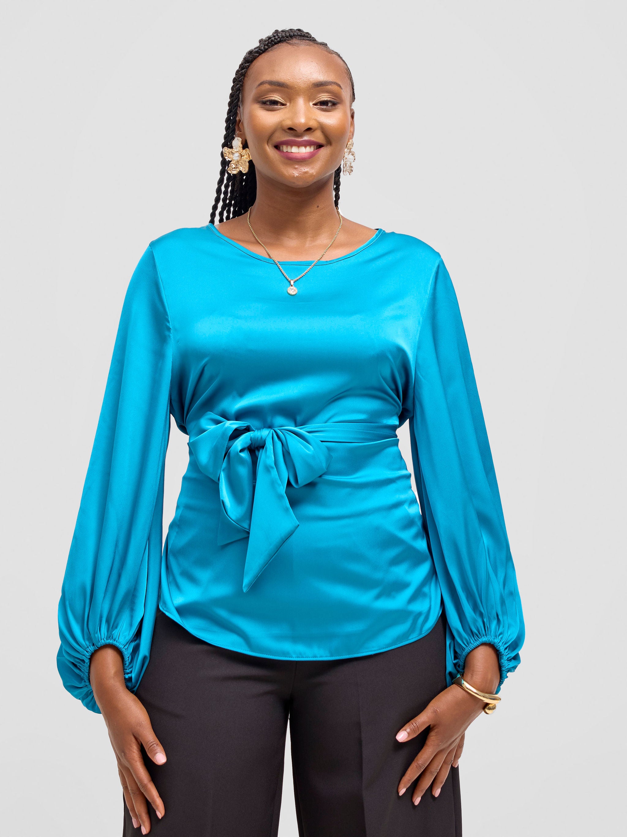 Vivo Basic Izzy Satin Bishop Sleeve Top - Teal