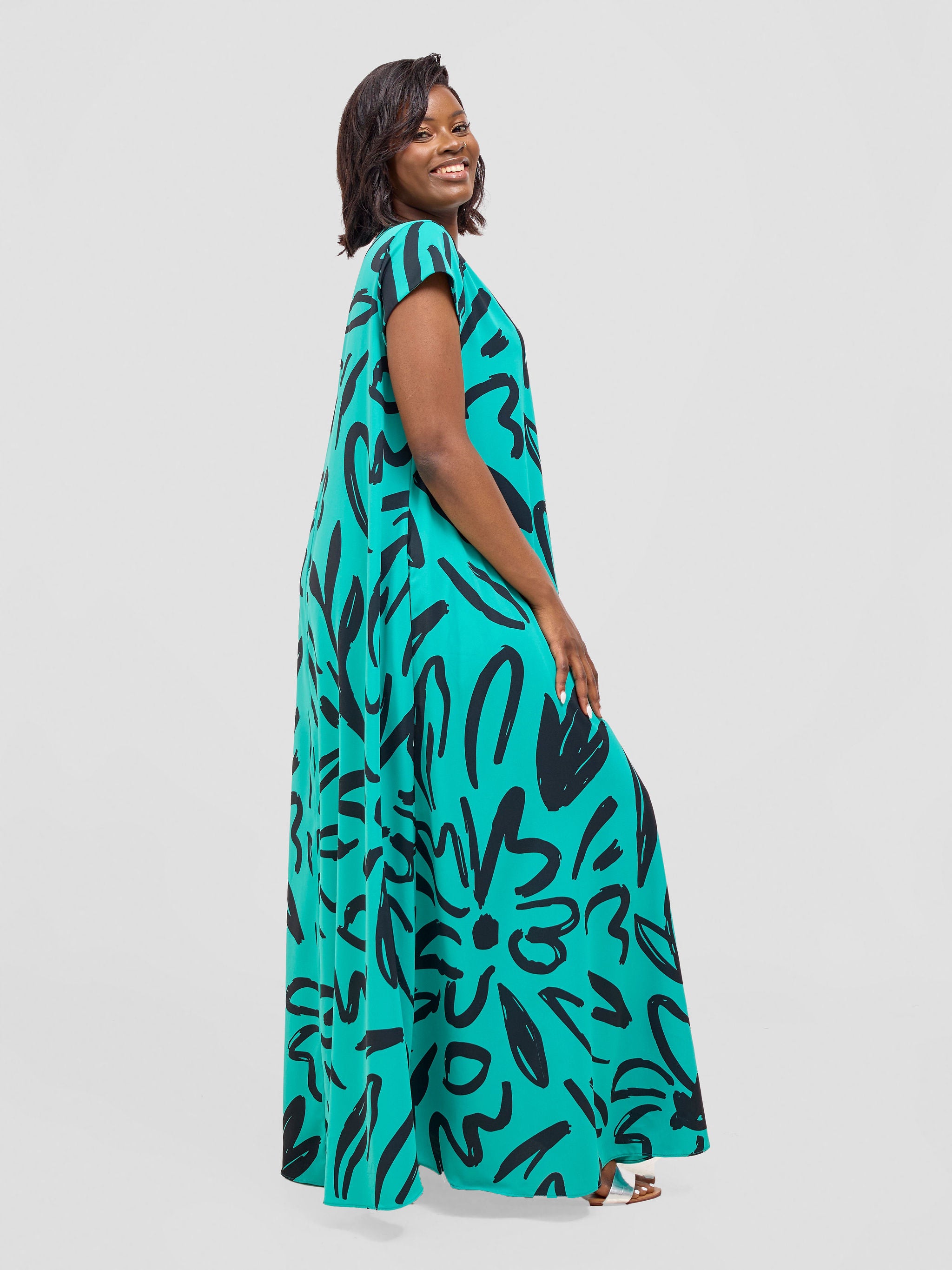 Vivo Zola V Neck Cap Sleeve Maxi Dress - Sea Green / Black Hesi Print