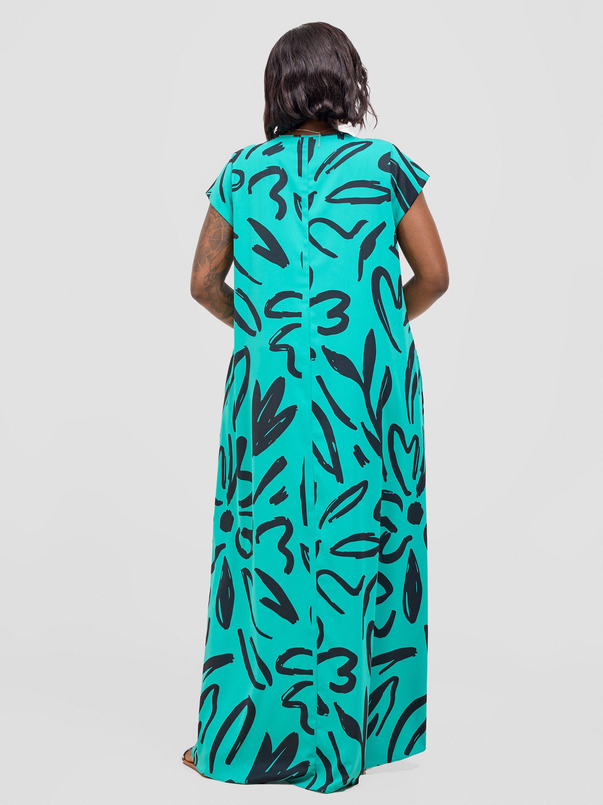 Vivo Zola V Neck Cap Sleeve Maxi Dress - Sea Green / Black Hesi Print