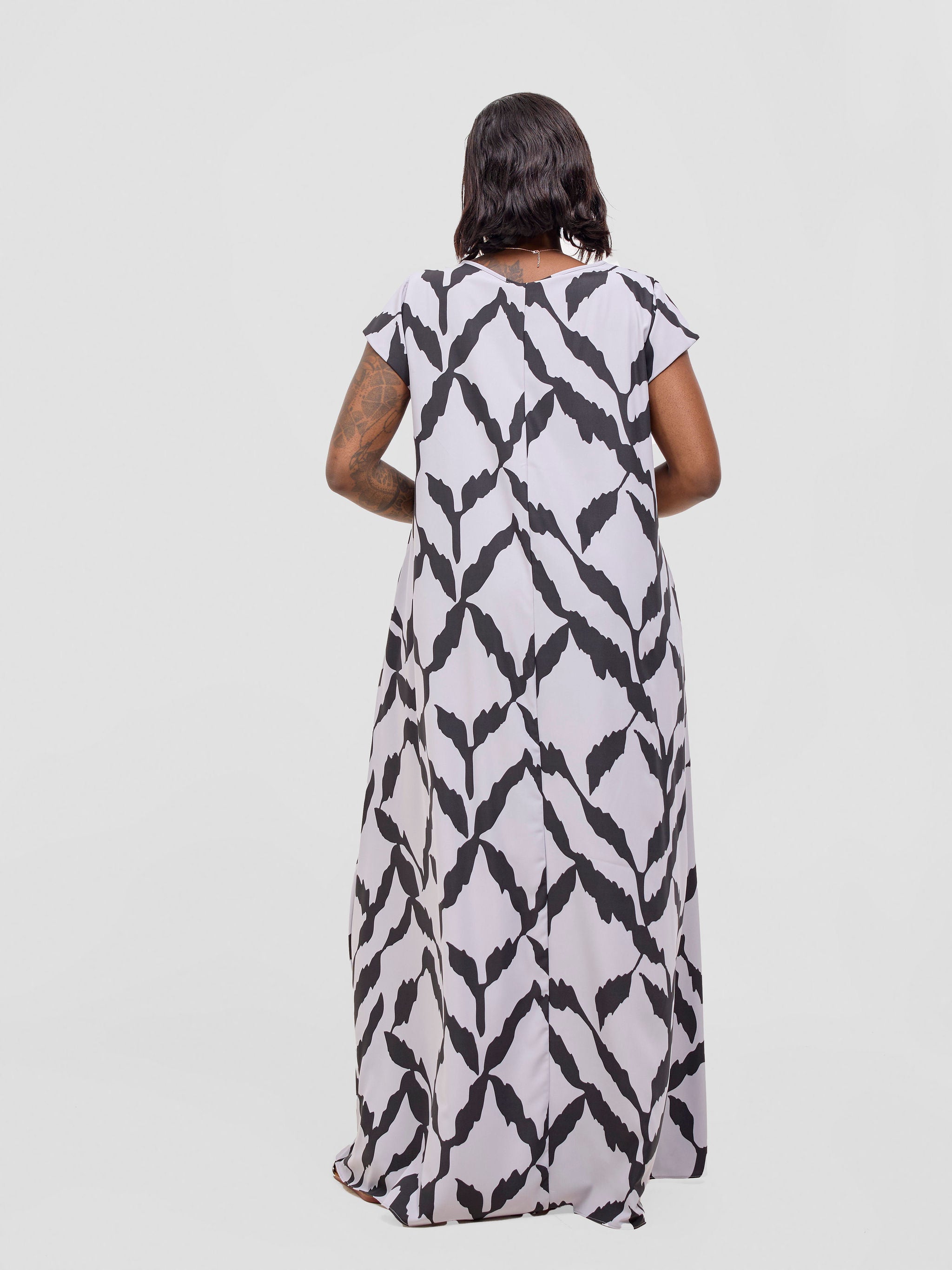 Vivo Basic Cap Sleeve Maxi Tent Dress - Grey / Black Diti Print