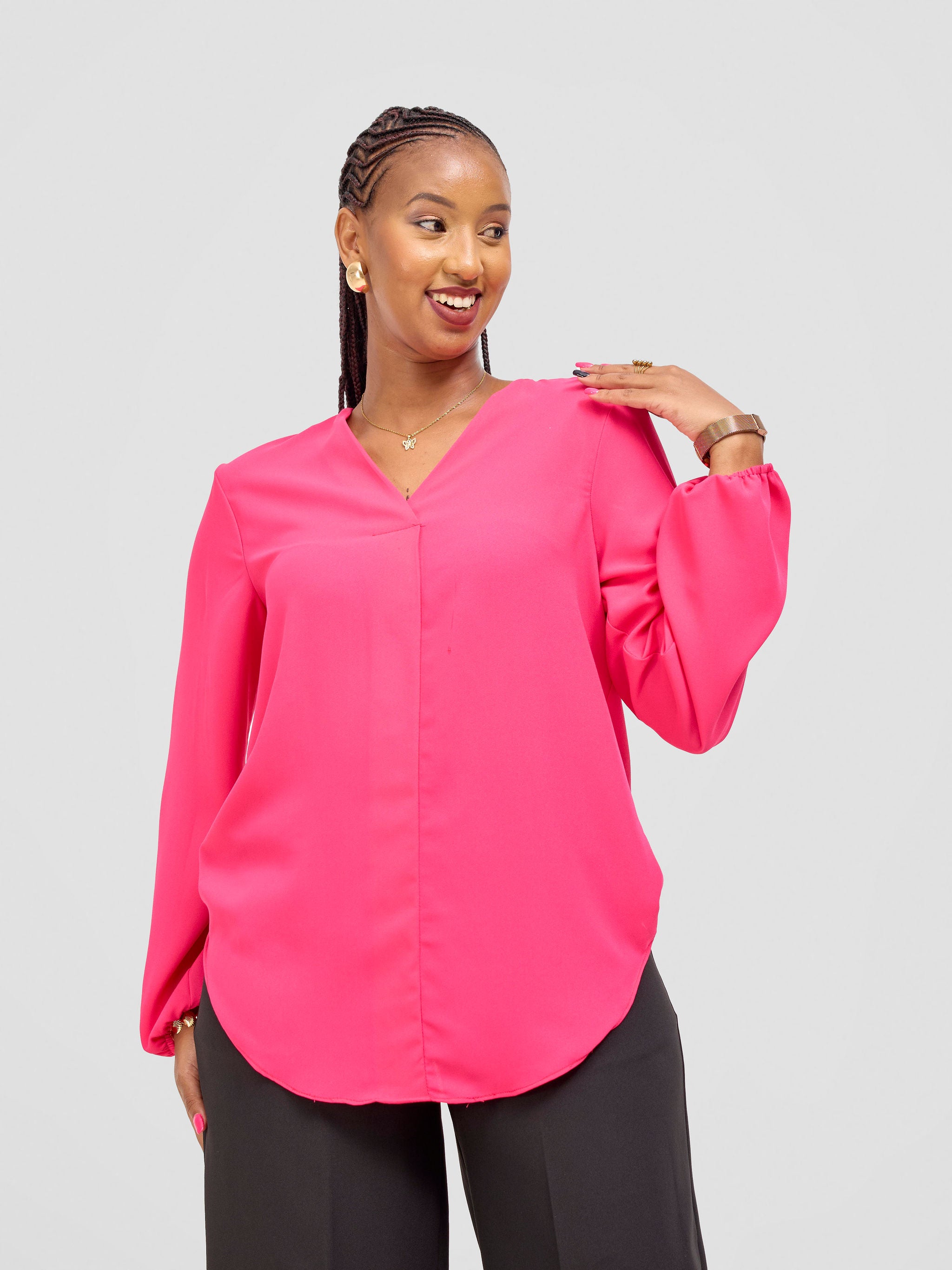 Vivo Dua Long Bishop Sleeve Top - Hot Pink