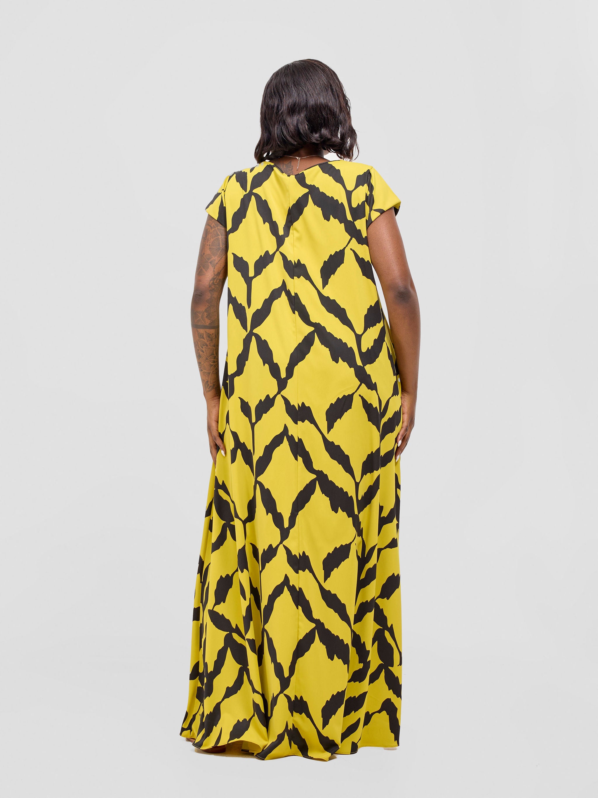 Vivo Basic Cap Sleeve Maxi Tent Dress - Yellow / Black Diti Print