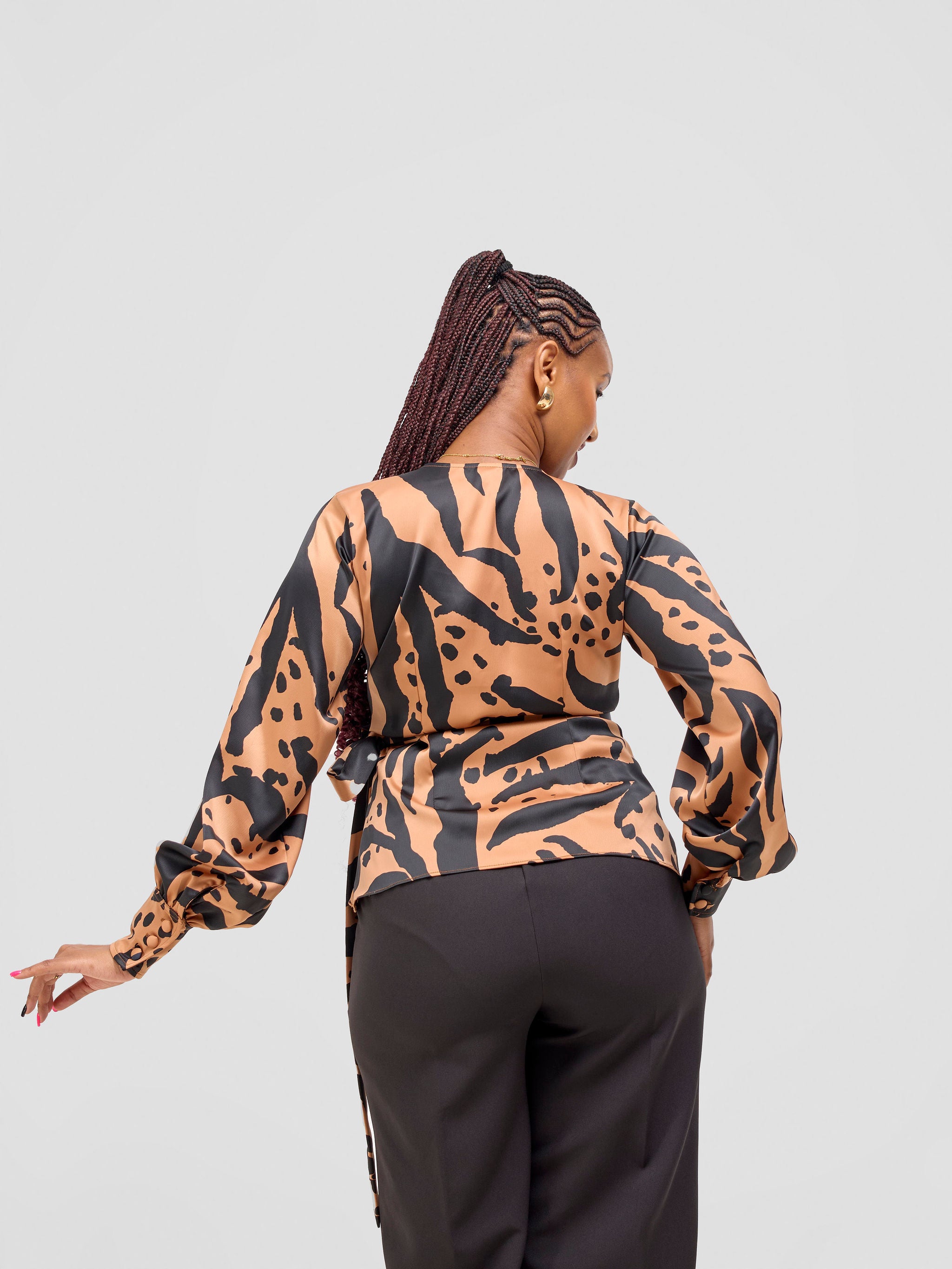 Vivo Merika Satin Wrap Top -  Tan / Black Ridi Print