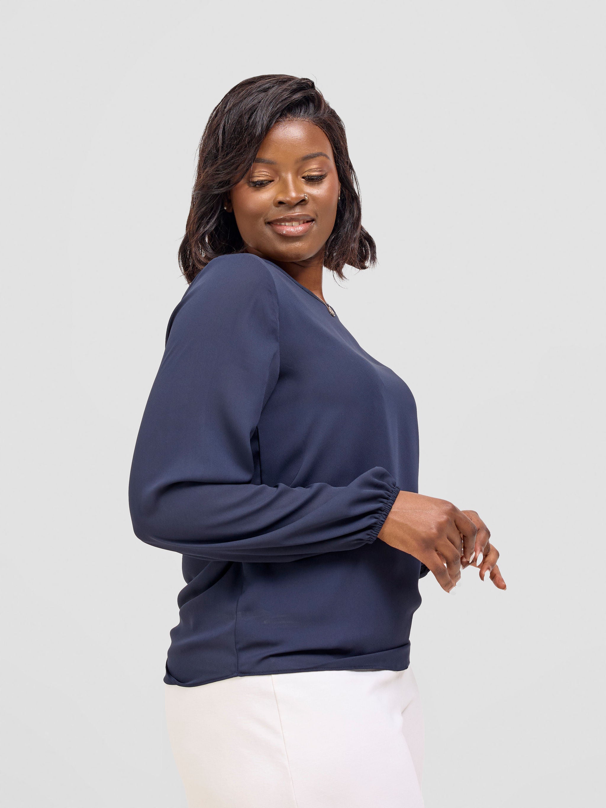 Vivo Basic Chiffon Bishop Sleeve Top (Double Layered) - Dark Navy Blue