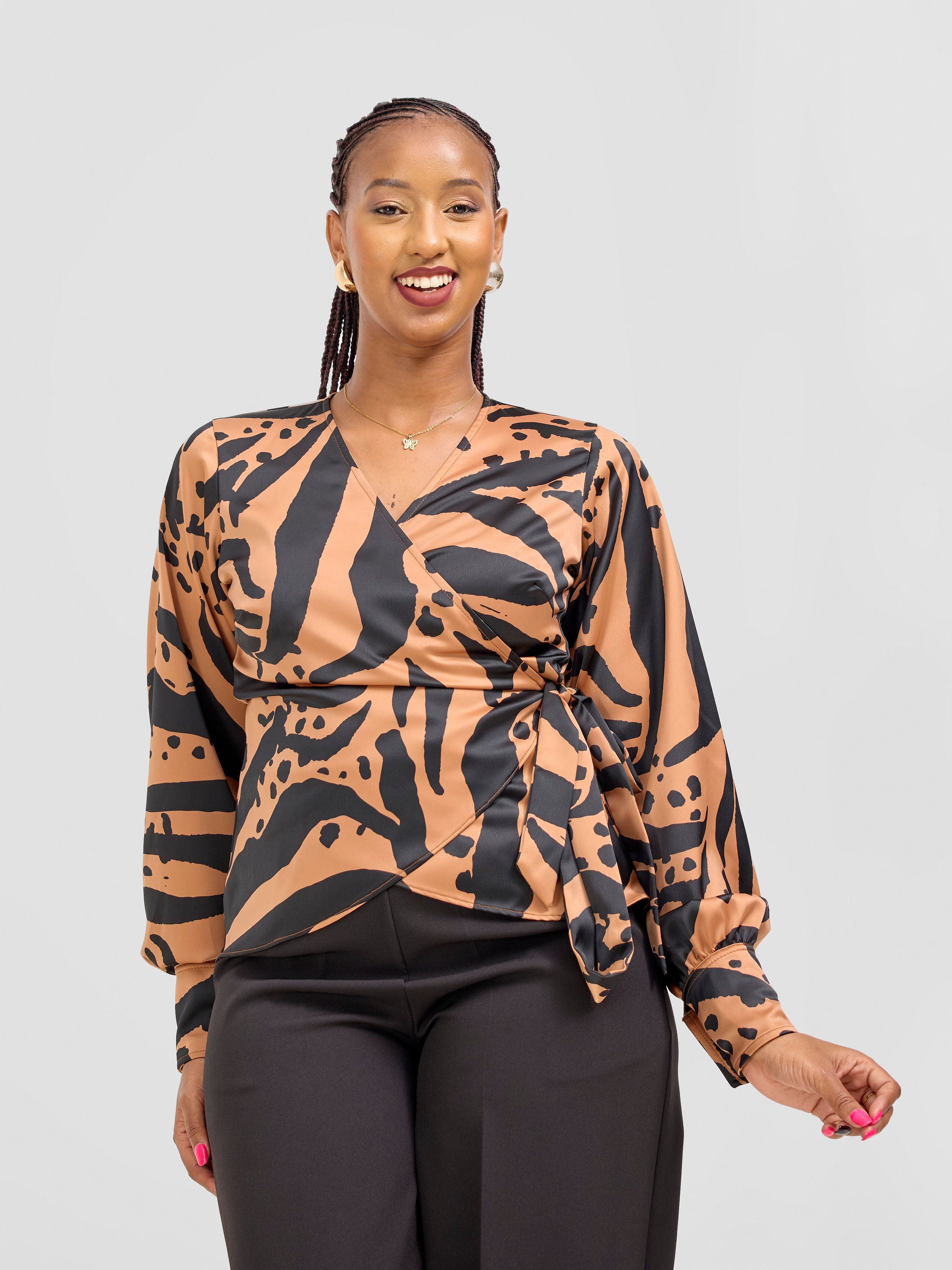 Vivo Merika Satin Wrap Top -  Tan / Black Ridi Print