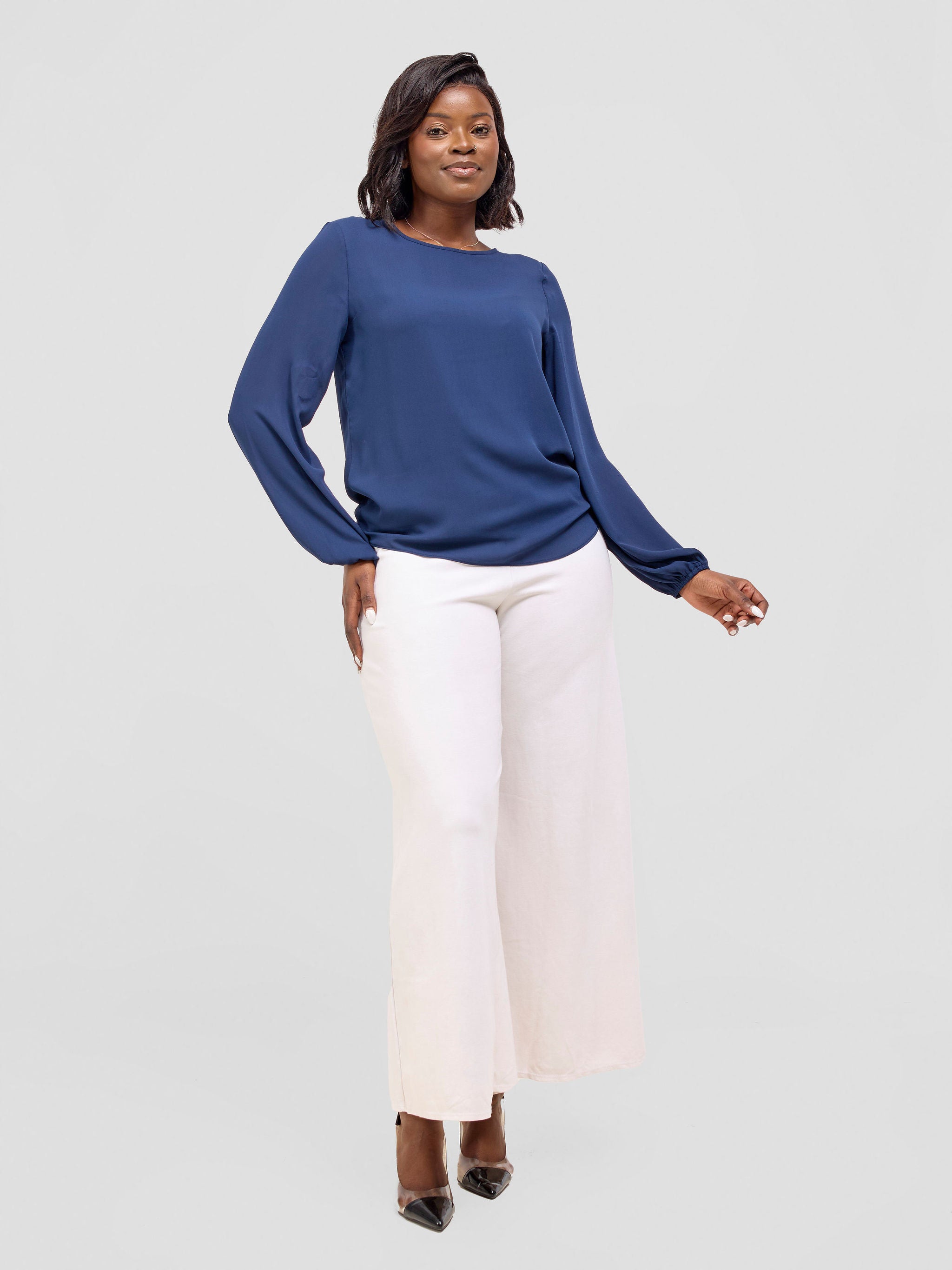 Vivo Basic Chiffon Bishop Sleeve Top (Double Layered) - Navy Blue