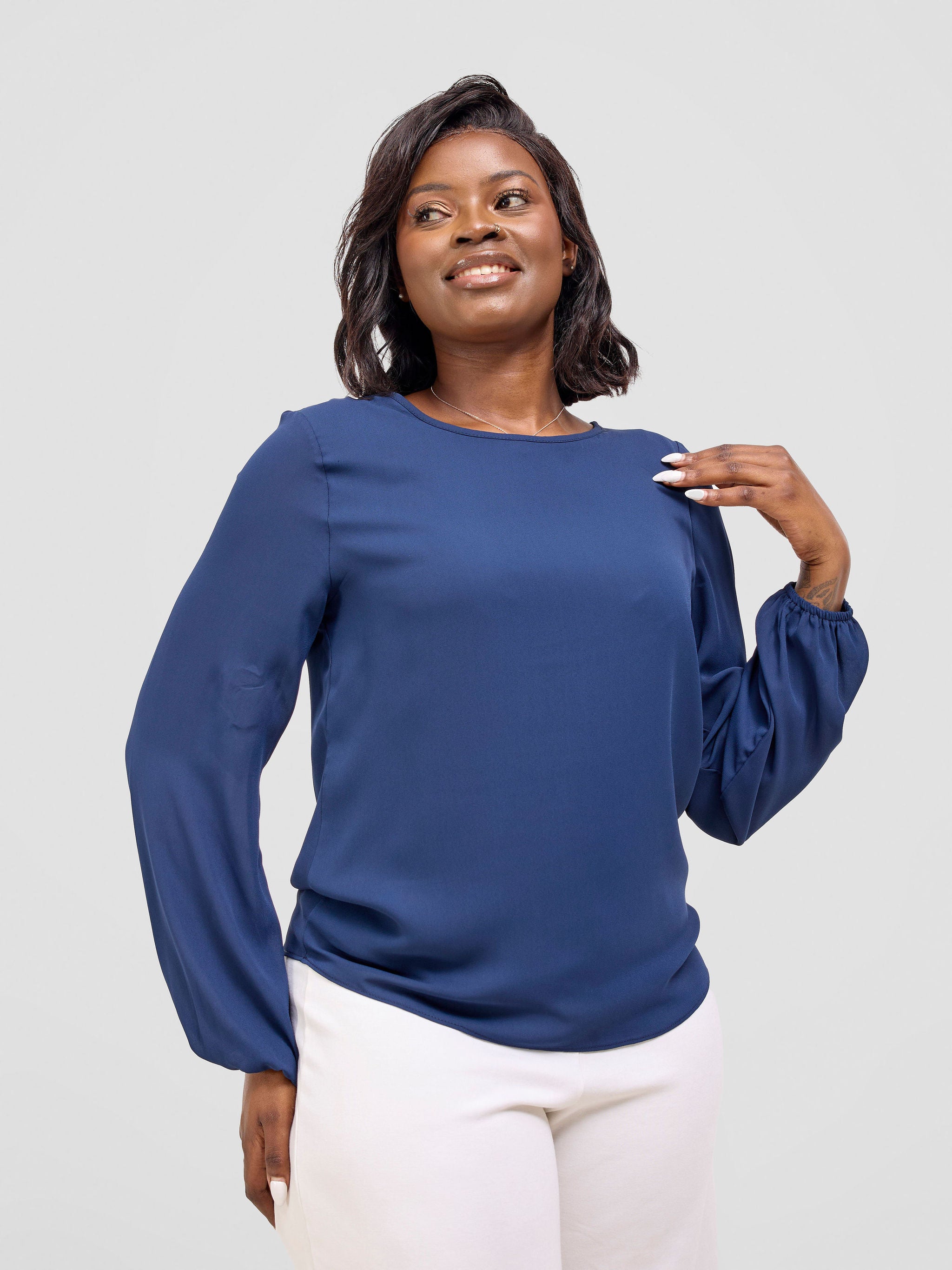 Vivo Basic Chiffon Bishop Sleeve Top (Double Layered) - Navy Blue