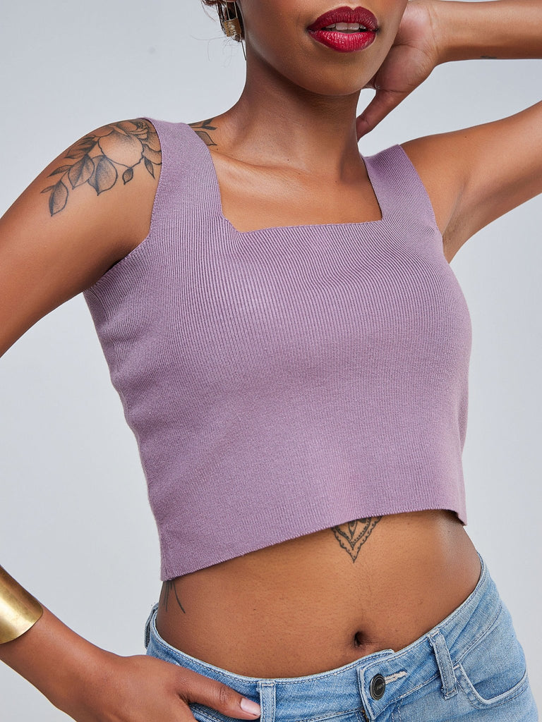 Anika Square Neck Cropped Tank Top with No Hems - Lavender - Shopzetu