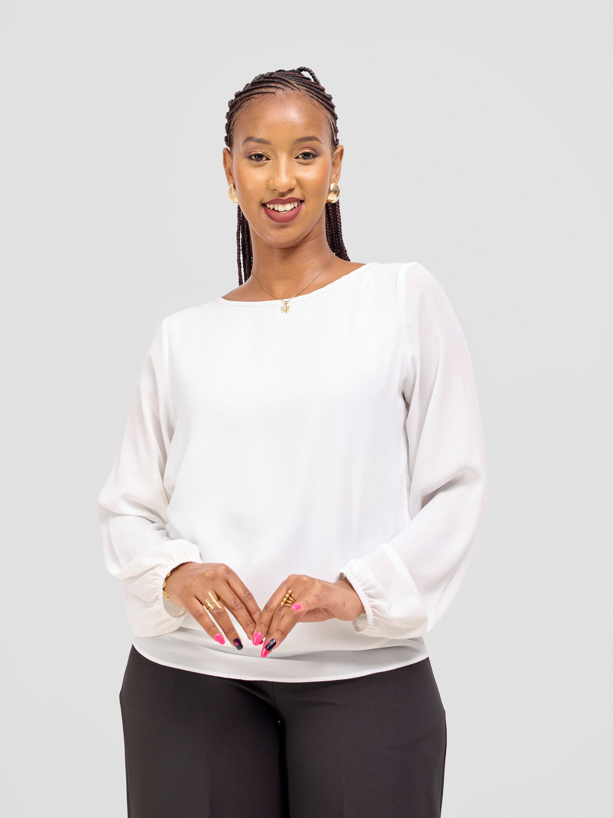 Vivo Basic Chiffon Bishop Sleeve Top (Double Layered) - White