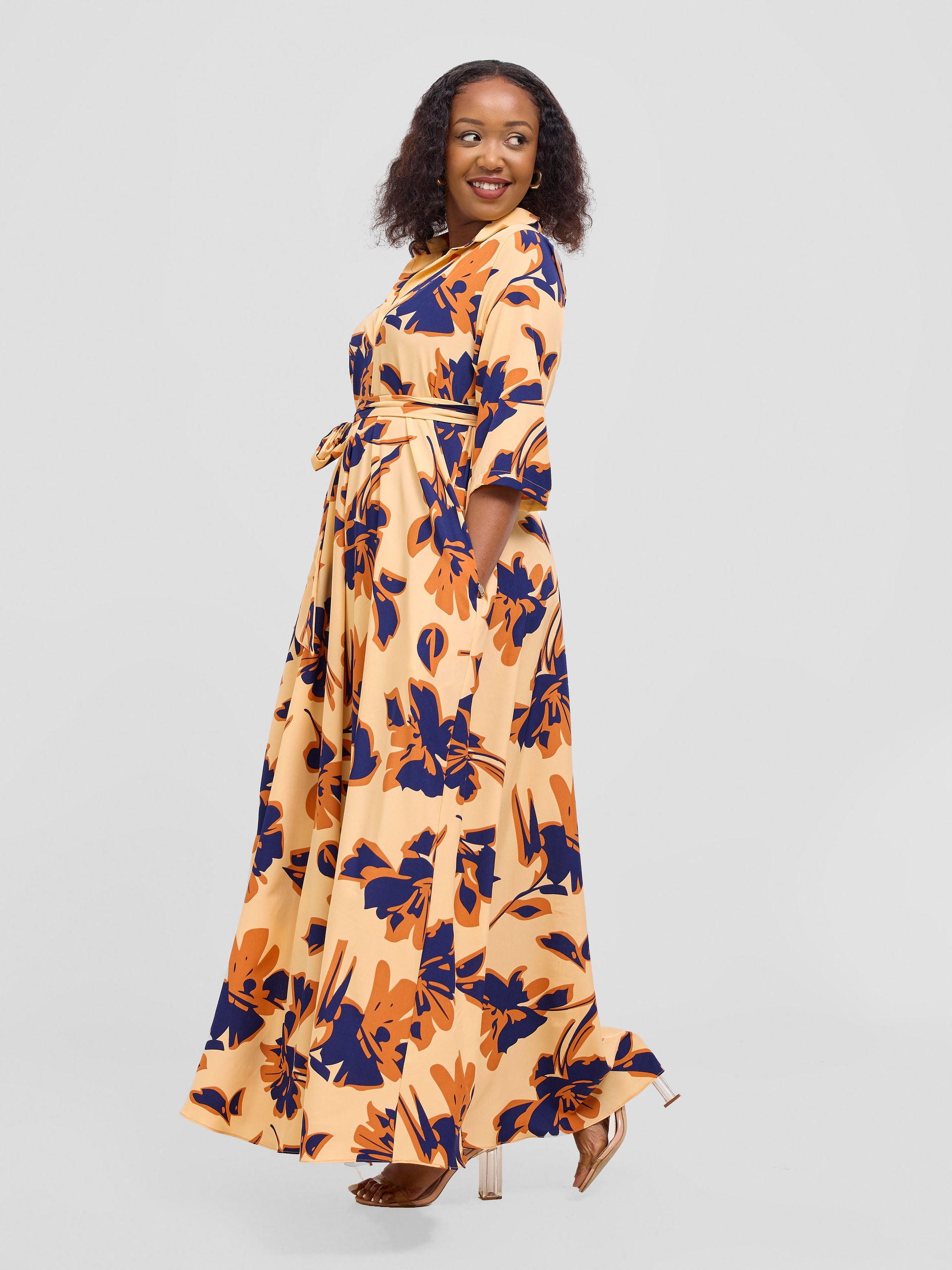 Vivo Yumi Maxi Shirt Dress - Cream / Navy Lena Print