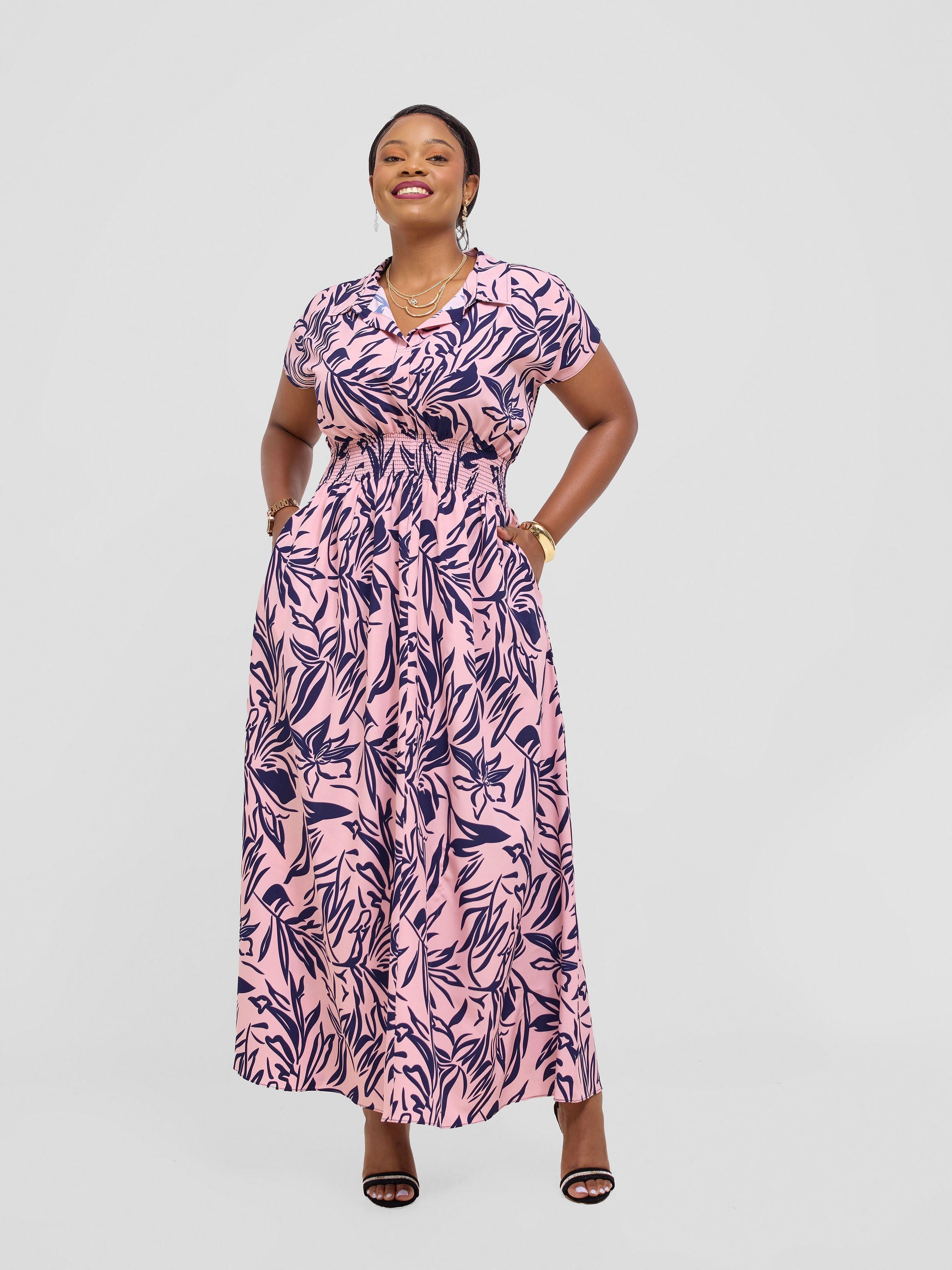 Vivo Zena Shirred Waist Maxi Shirt Dress - Pink / Navy Ena Print