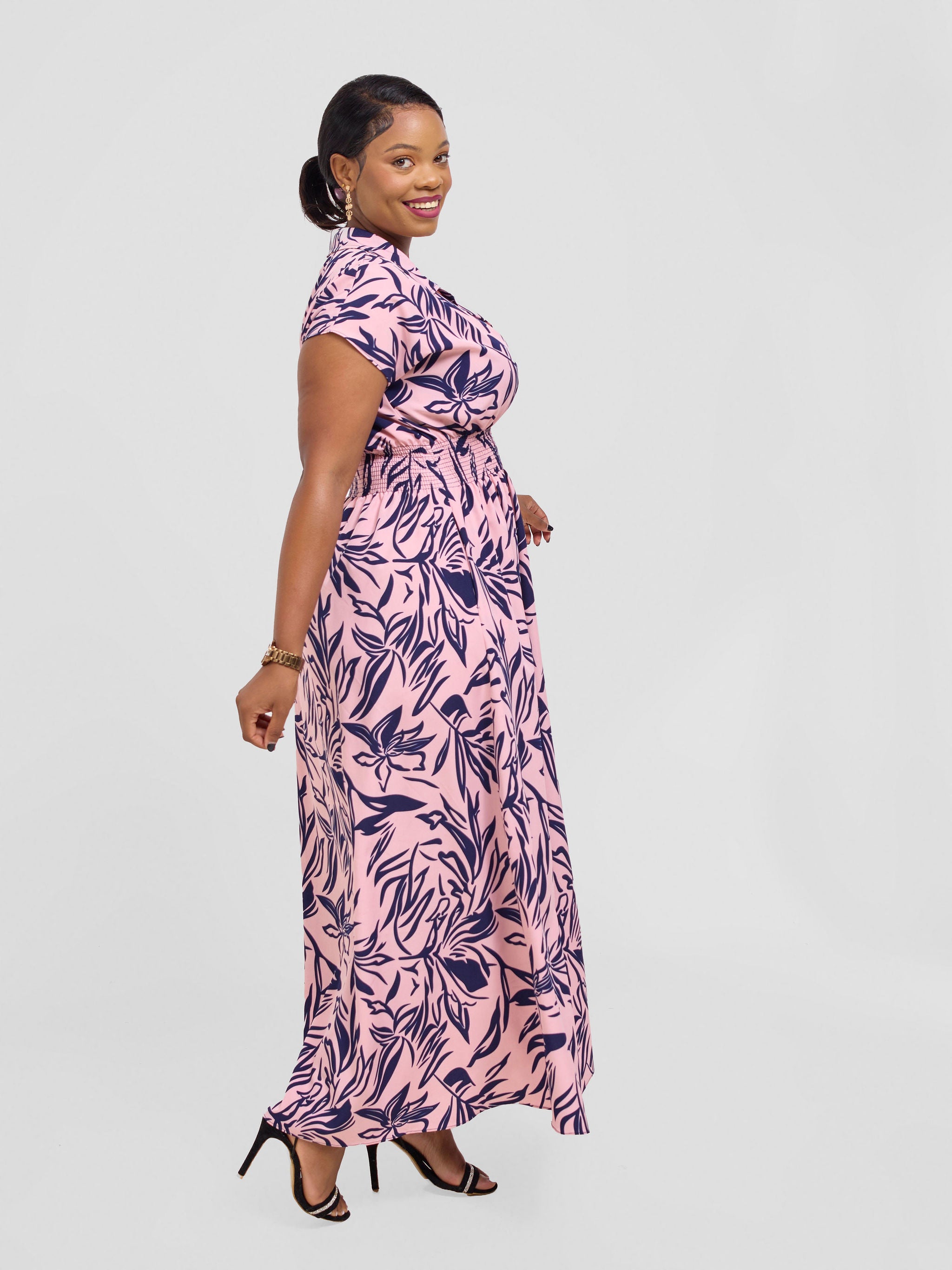 Vivo Zena Shirred Waist Maxi Shirt Dress - Pink / Navy Ena Print