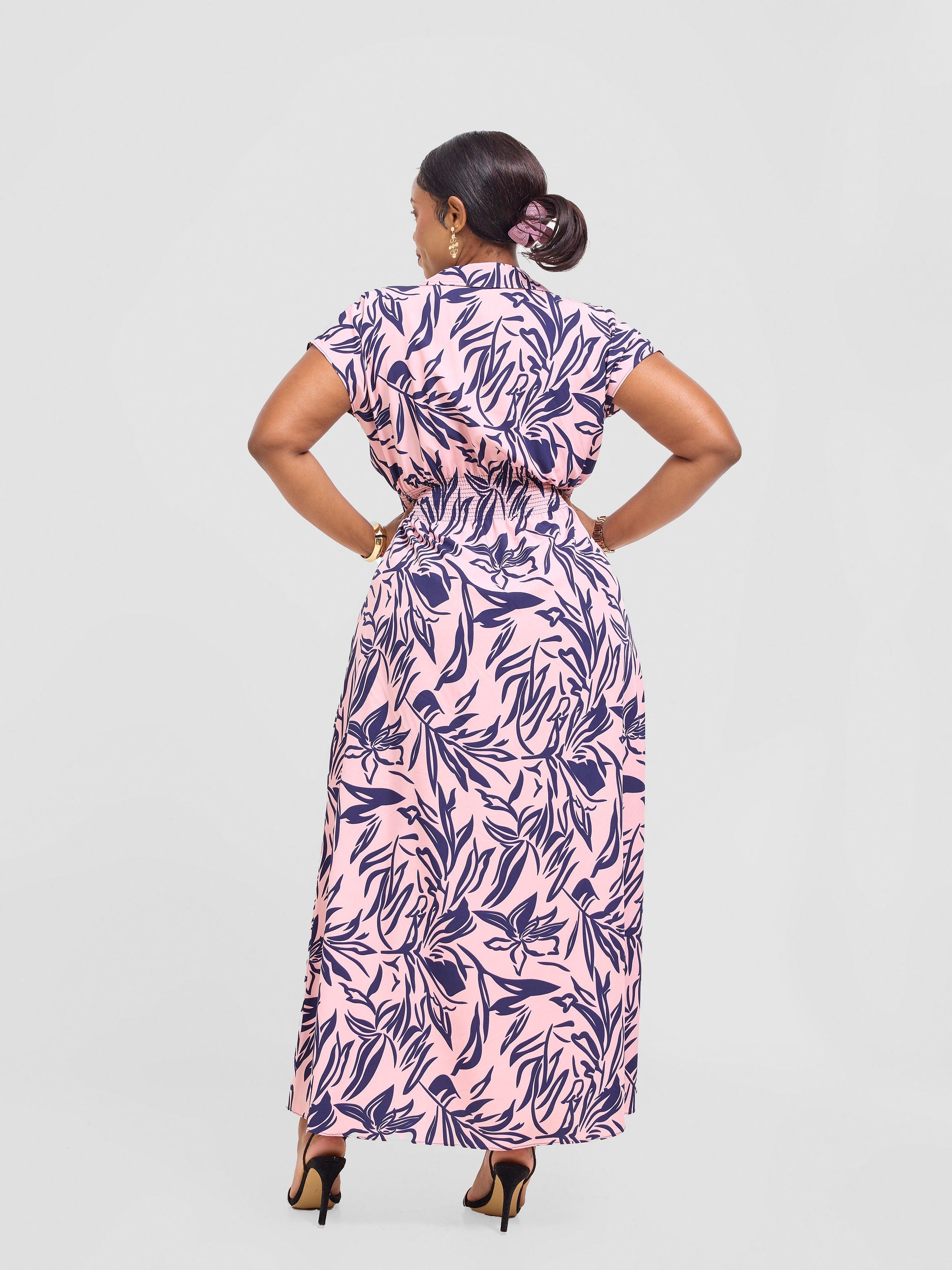 Vivo Zena Shirred Waist Maxi Shirt Dress - Pink / Navy Ena Print