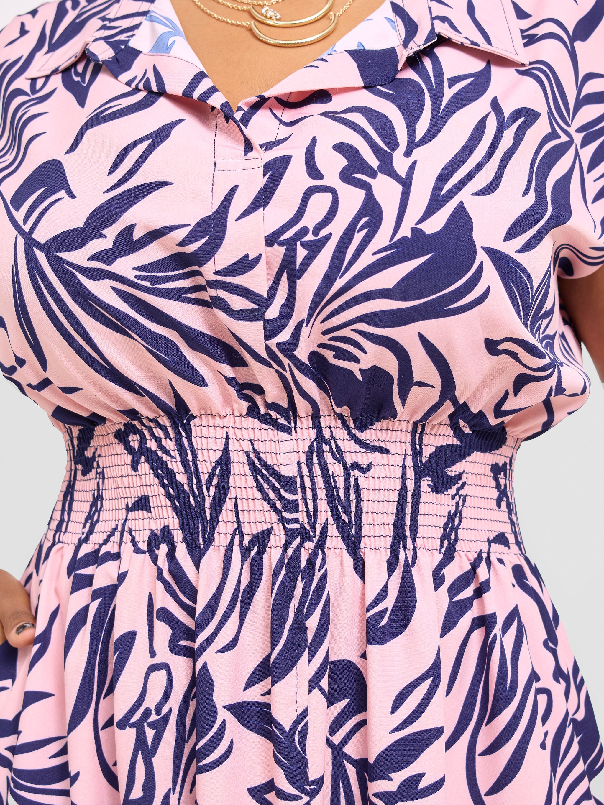 Vivo Zena Shirred Waist Maxi Shirt Dress - Pink / Navy Ena Print