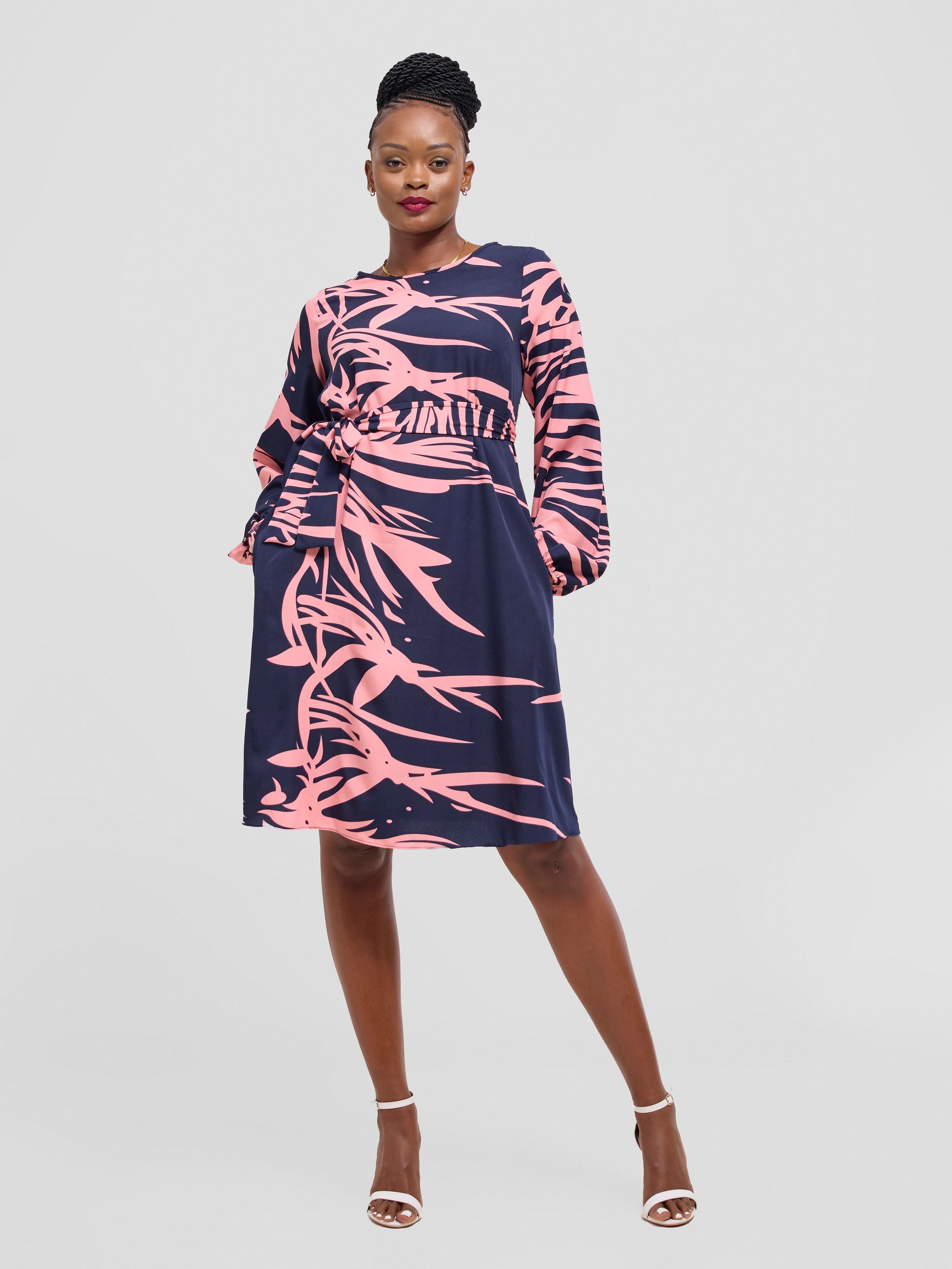 Vivo Basic Ayo Bishop Sleeve Dress - Navy / Blush Print