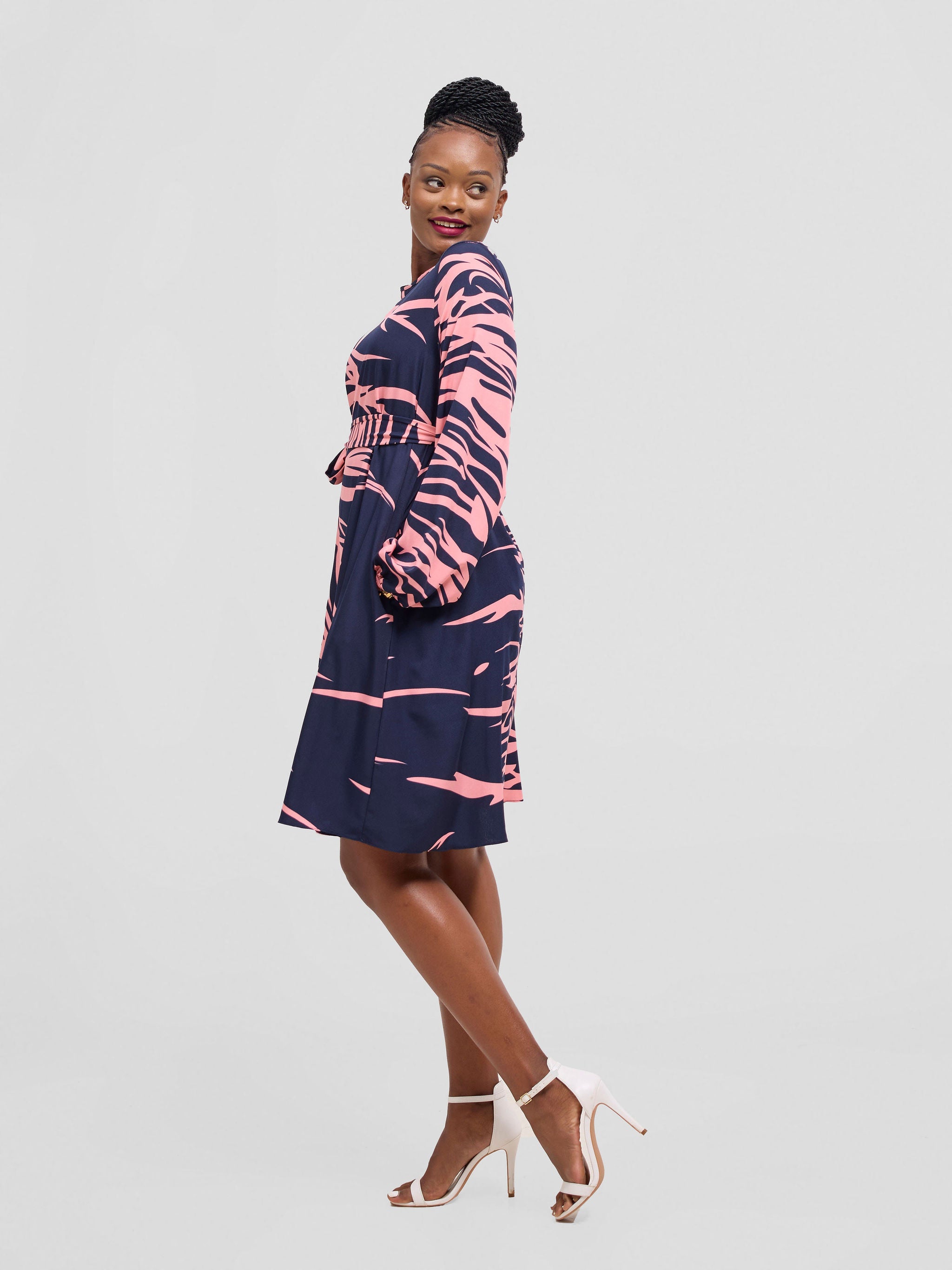 Vivo Basic Ayo Bishop Sleeve Dress - Navy / Blush Print