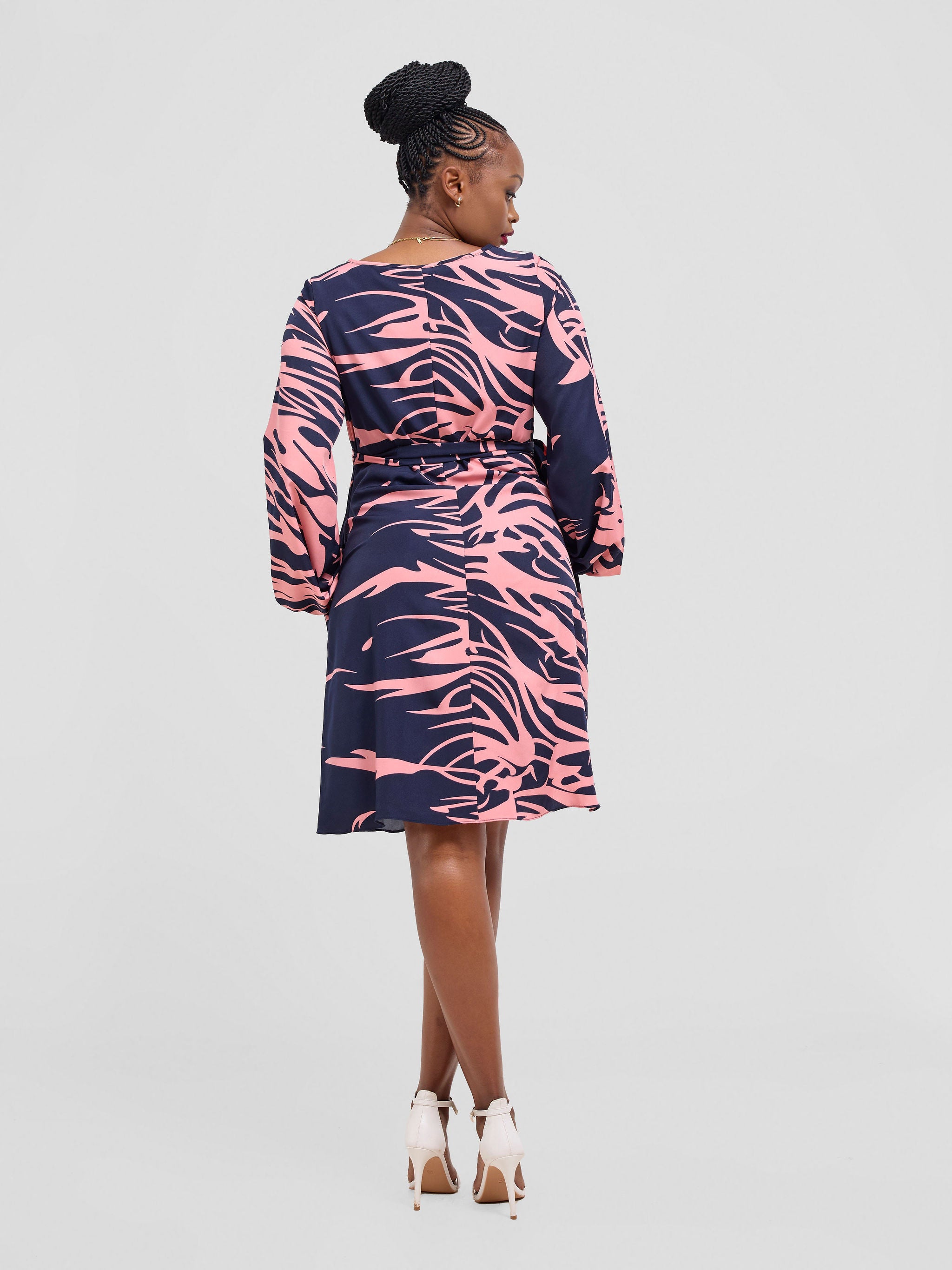 Vivo Basic Ayo Bishop Sleeve Dress - Navy / Blush Print