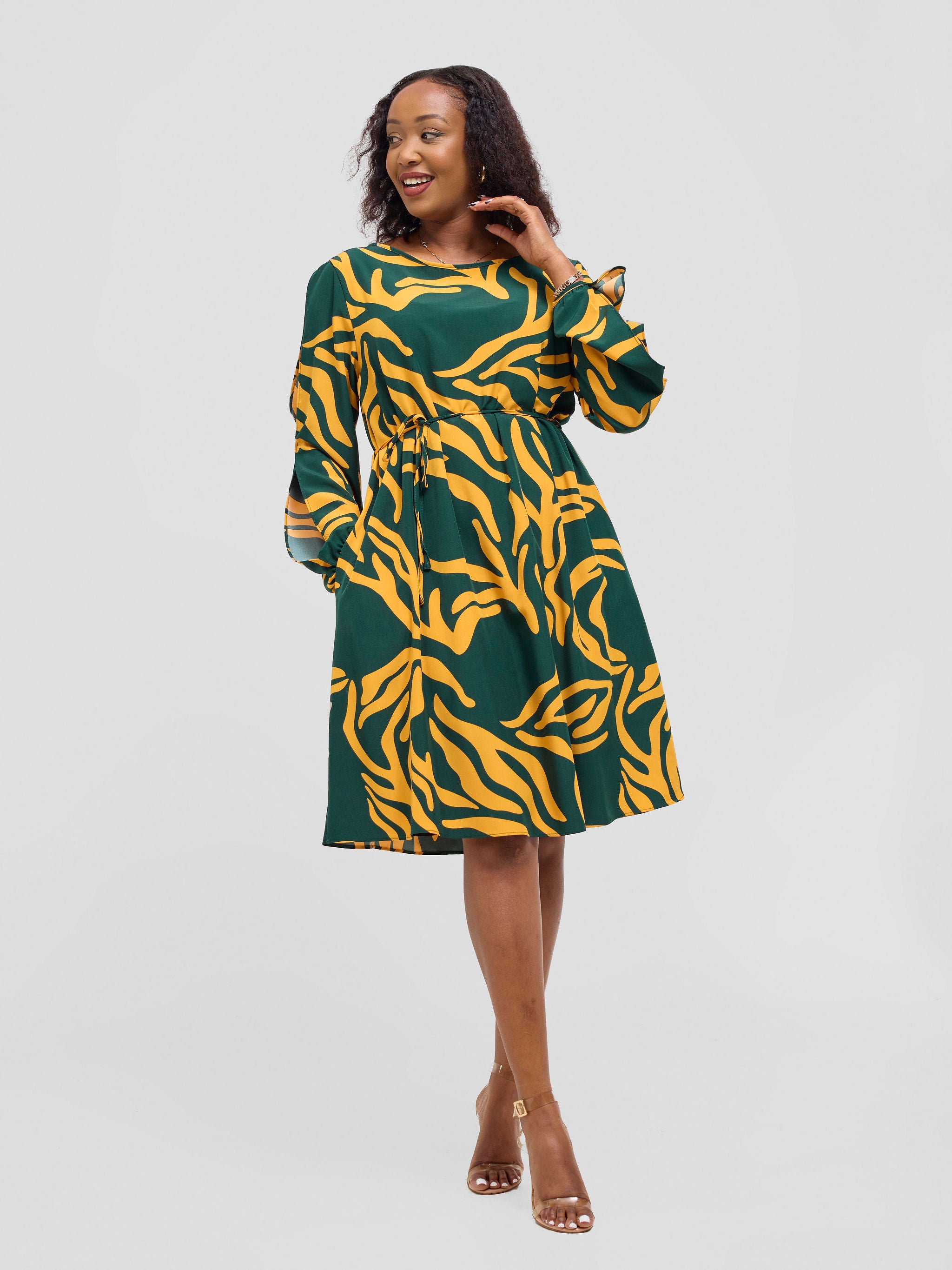 Vivo Tunu Long Slit Sleeve Knee Length Shift Dress - Mustard / Green Print