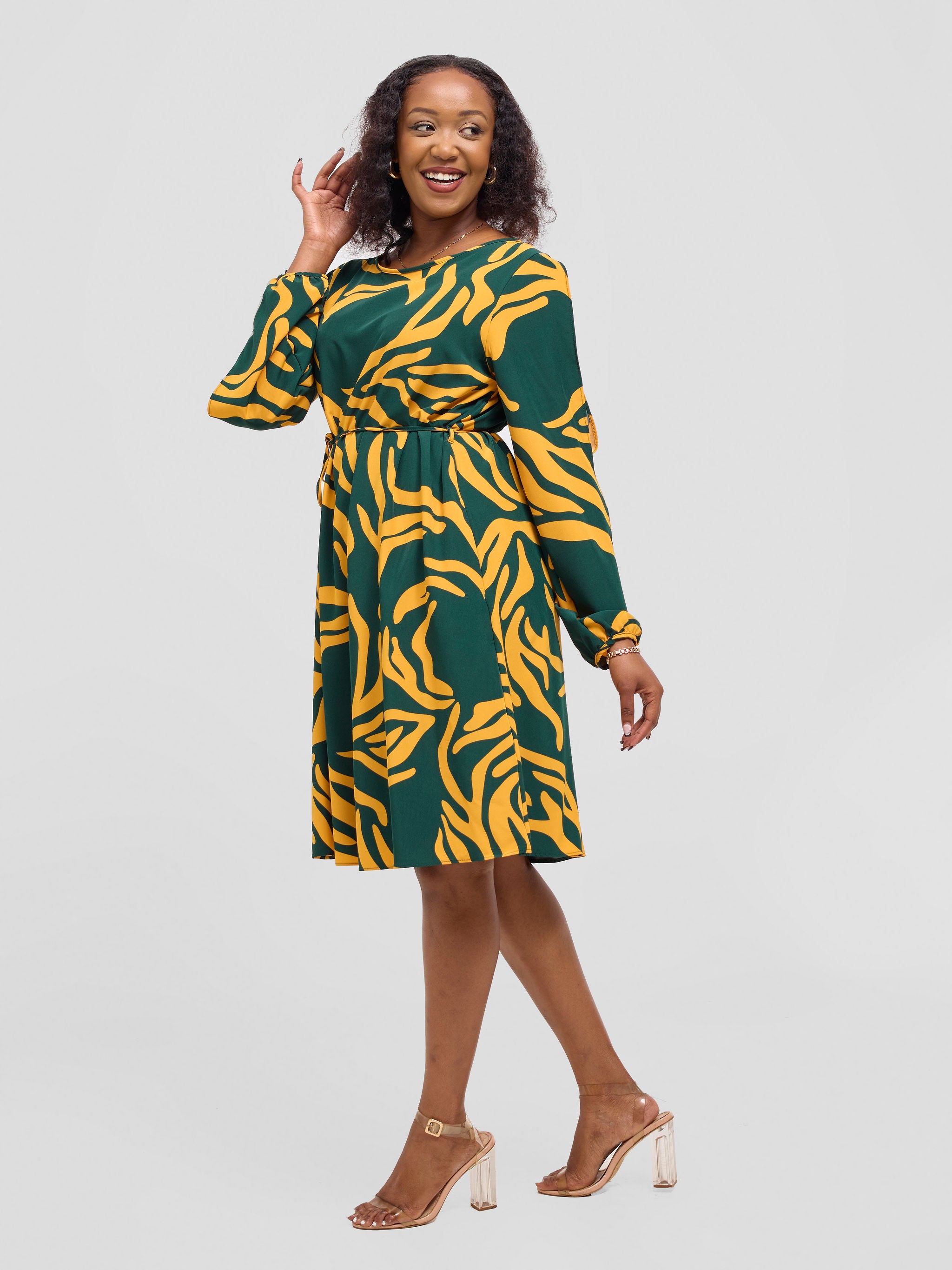 Vivo Tunu Long Slit Sleeve Knee Length Shift Dress - Mustard / Green Print