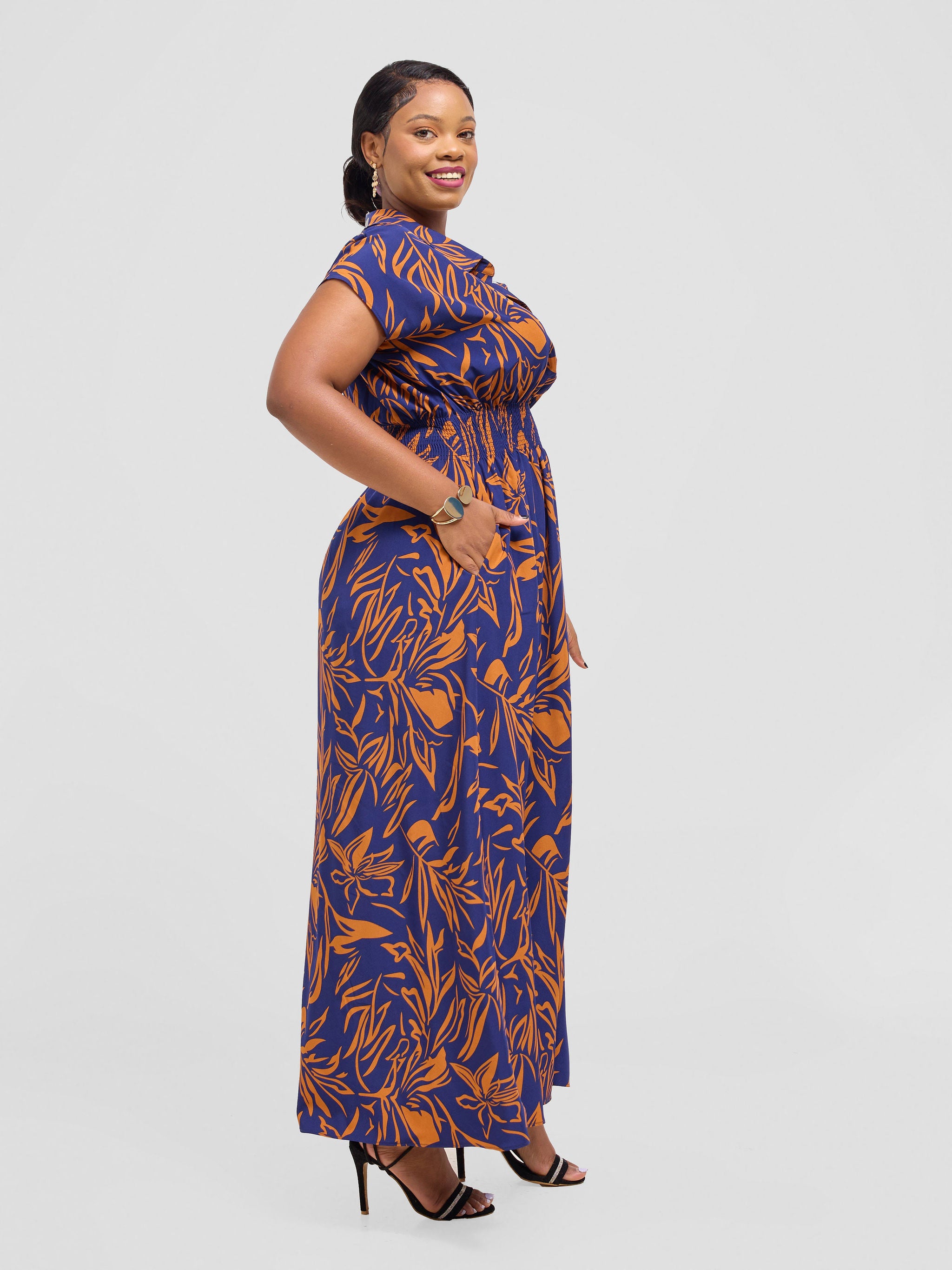 Vivo Zena Shirred Waist Maxi Shirt Dress - Rust / Navy Ena Print