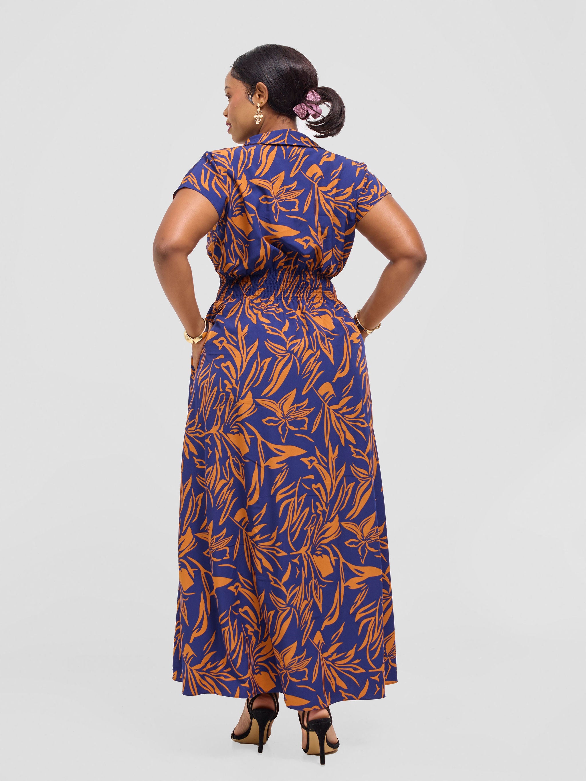 Vivo Zena Shirred Waist Maxi Shirt Dress - Rust / Navy Ena Print