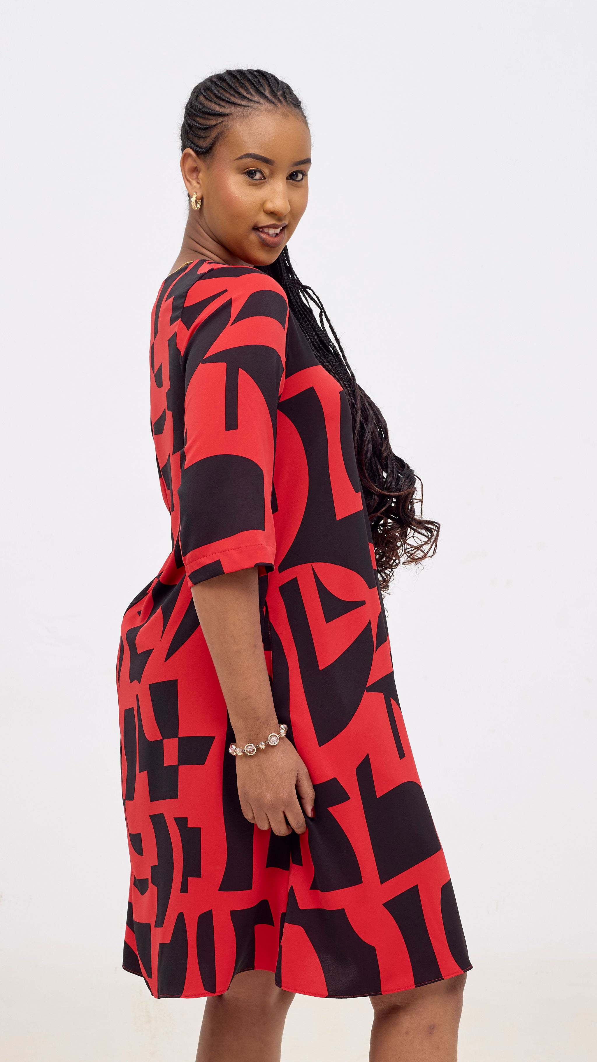 Vivo Kani 3/4 Sleeve Knee Length Dress - Red / Black Pink Dashen Print