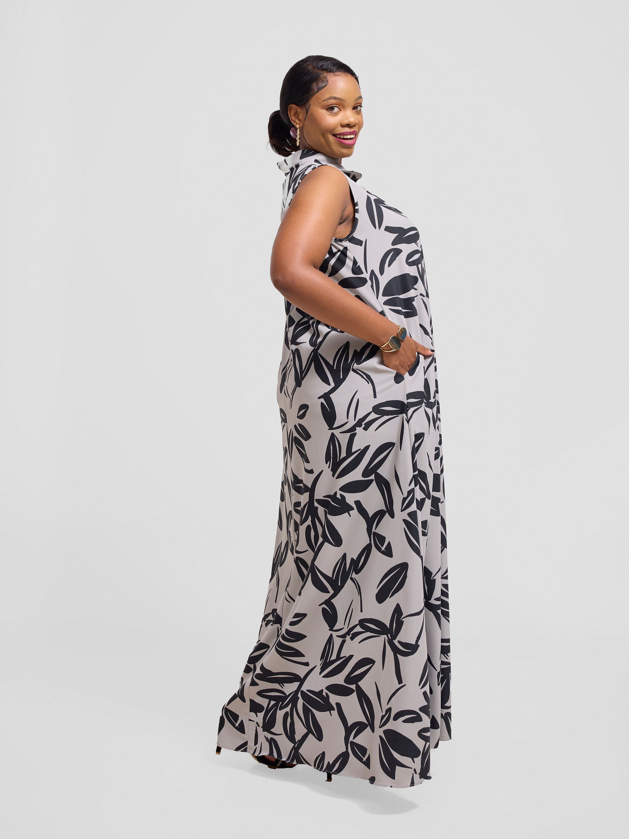 Vivo Asha Sleeveless Maxi Dress - Grey / Black Jilo Print