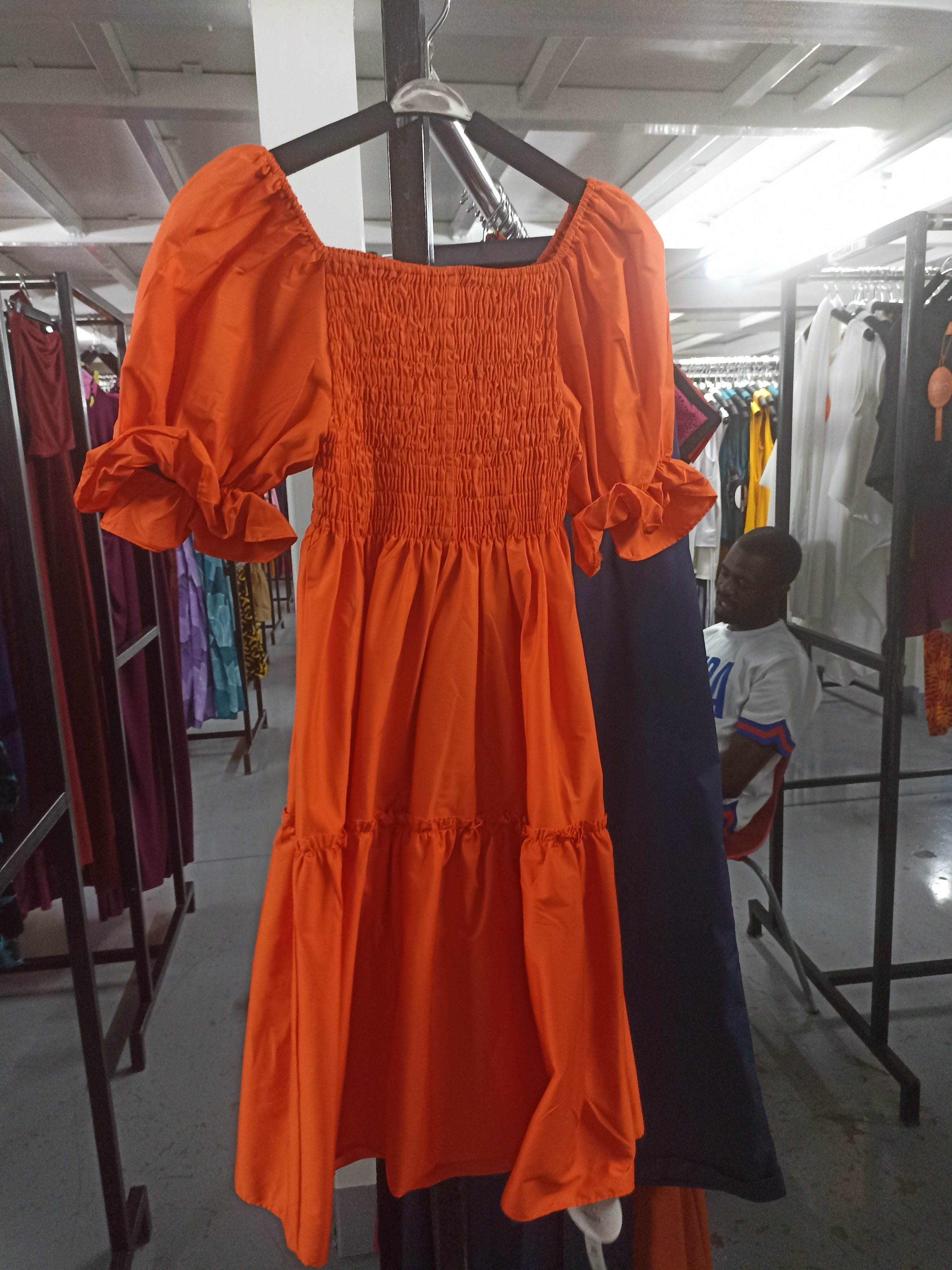 Safari Mara Shirred Bishop Sleeve Dress - Orange