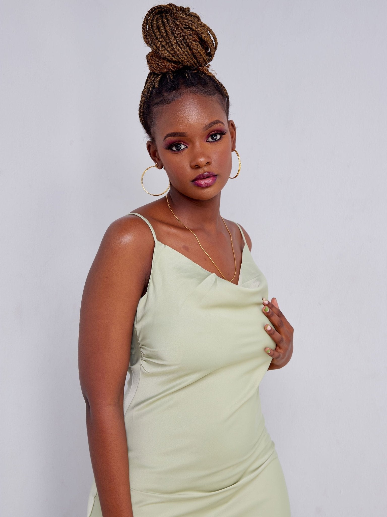 Lola Satin Cowl Neck Slip Dress - Pastel Mint - Shopzetu