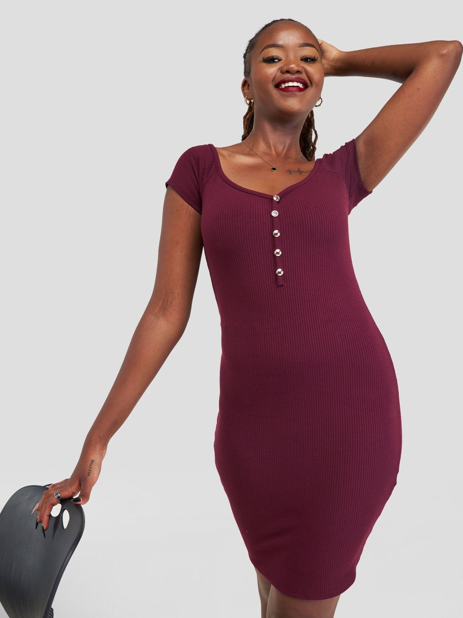 Popular 21 Buttoned V-Neck Dress - Wine - Shopzetu