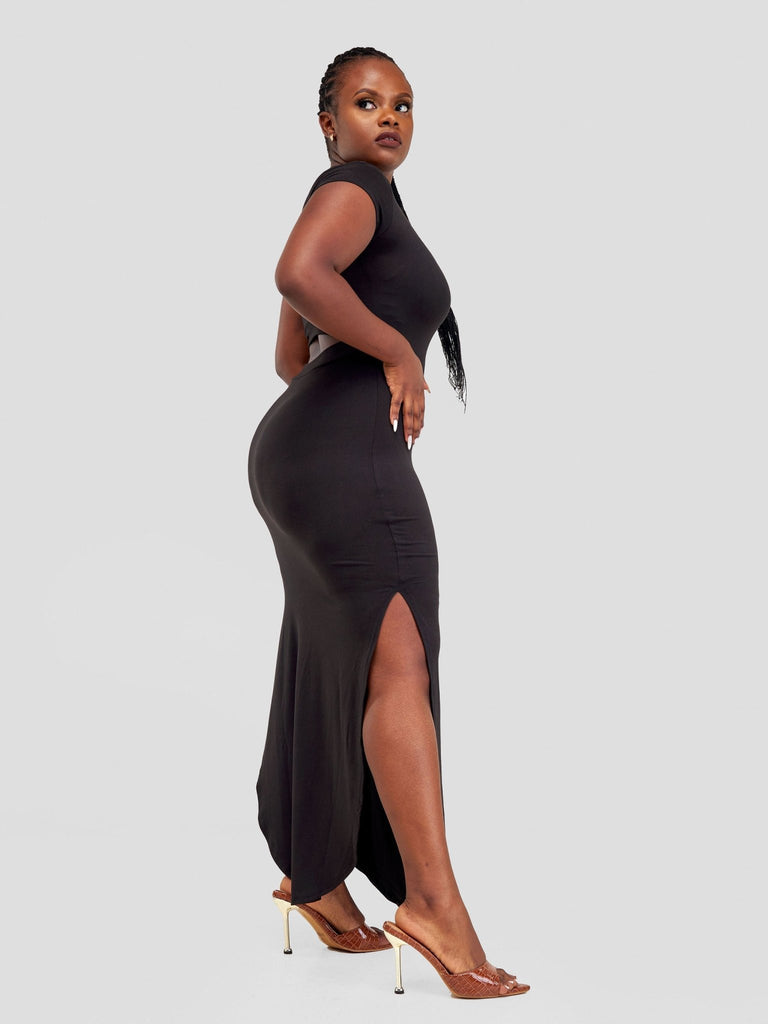 Popular 21 Asymmetrical Short-Sleeved Dress - Black - Shopzetu