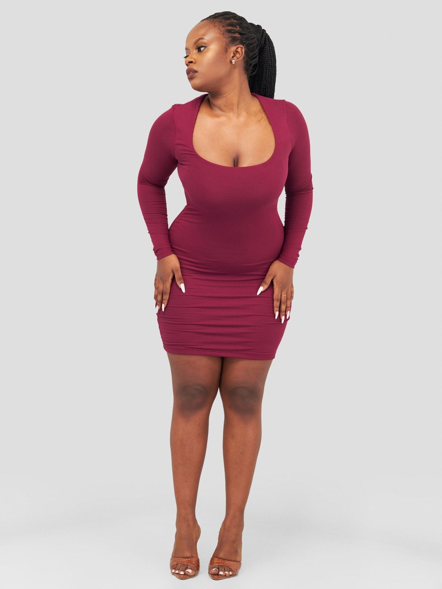 Popular 21 Double Layered Long Sleeve Dress - Wine - Shopzetu