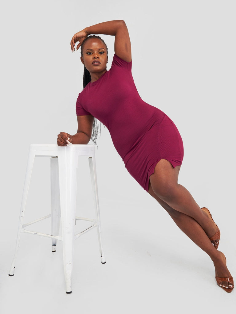 Popular 21 Crew Neck Slit Dress - Wine - Shopzetu