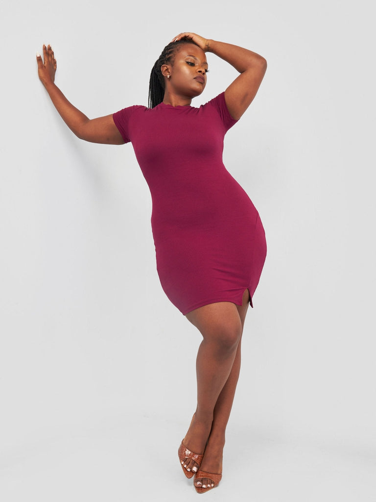 Popular 21 Crew Neck Slit Dress - Wine - Shopzetu