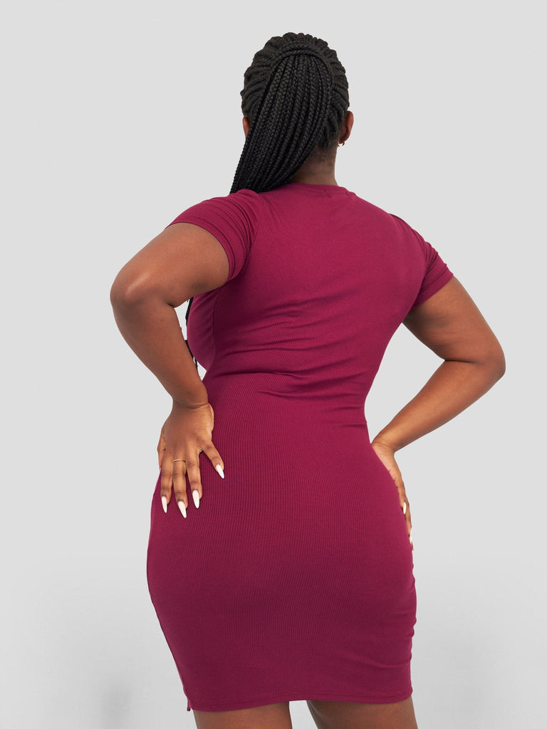Popular 21 Crew Neck Slit Dress - Wine - Shopzetu