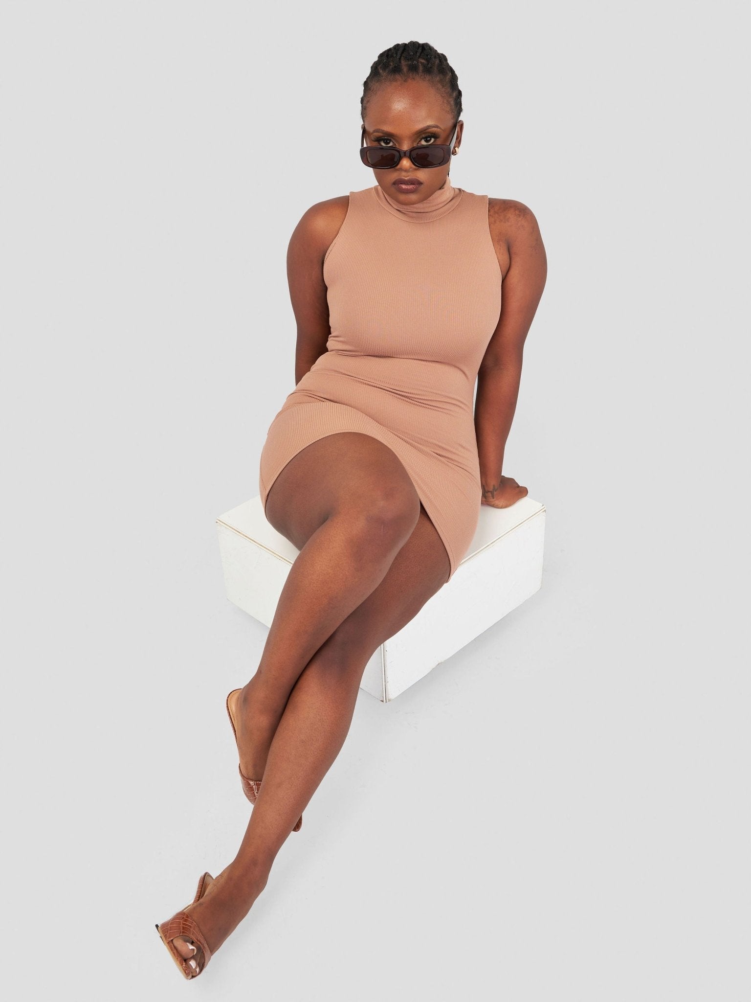 Popular 21 Double Layered High Mock Neck Mini Dress - Beaver Fur - Shopzetu
